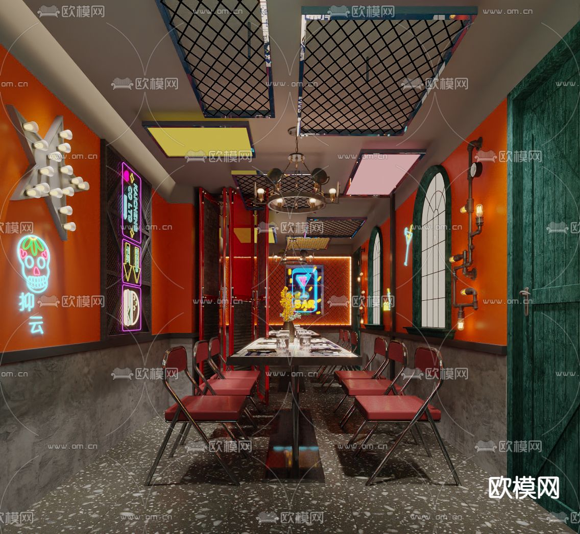 工业风烧烤店包厢 包房3d模型下载（渲染图1）