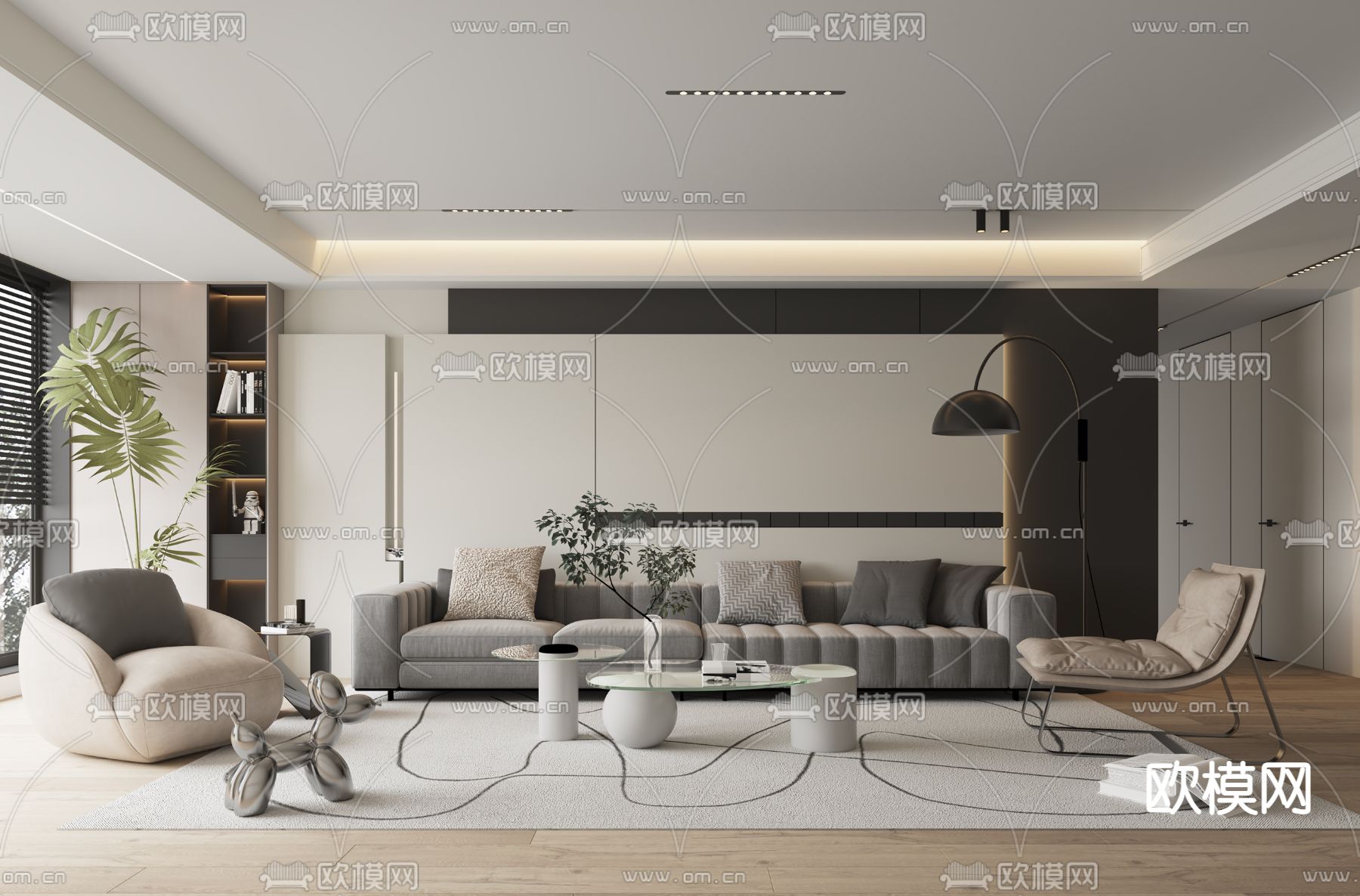 现代奶油风客厅3d模型下载_ID12124541_3dmax免费模型-欧模网