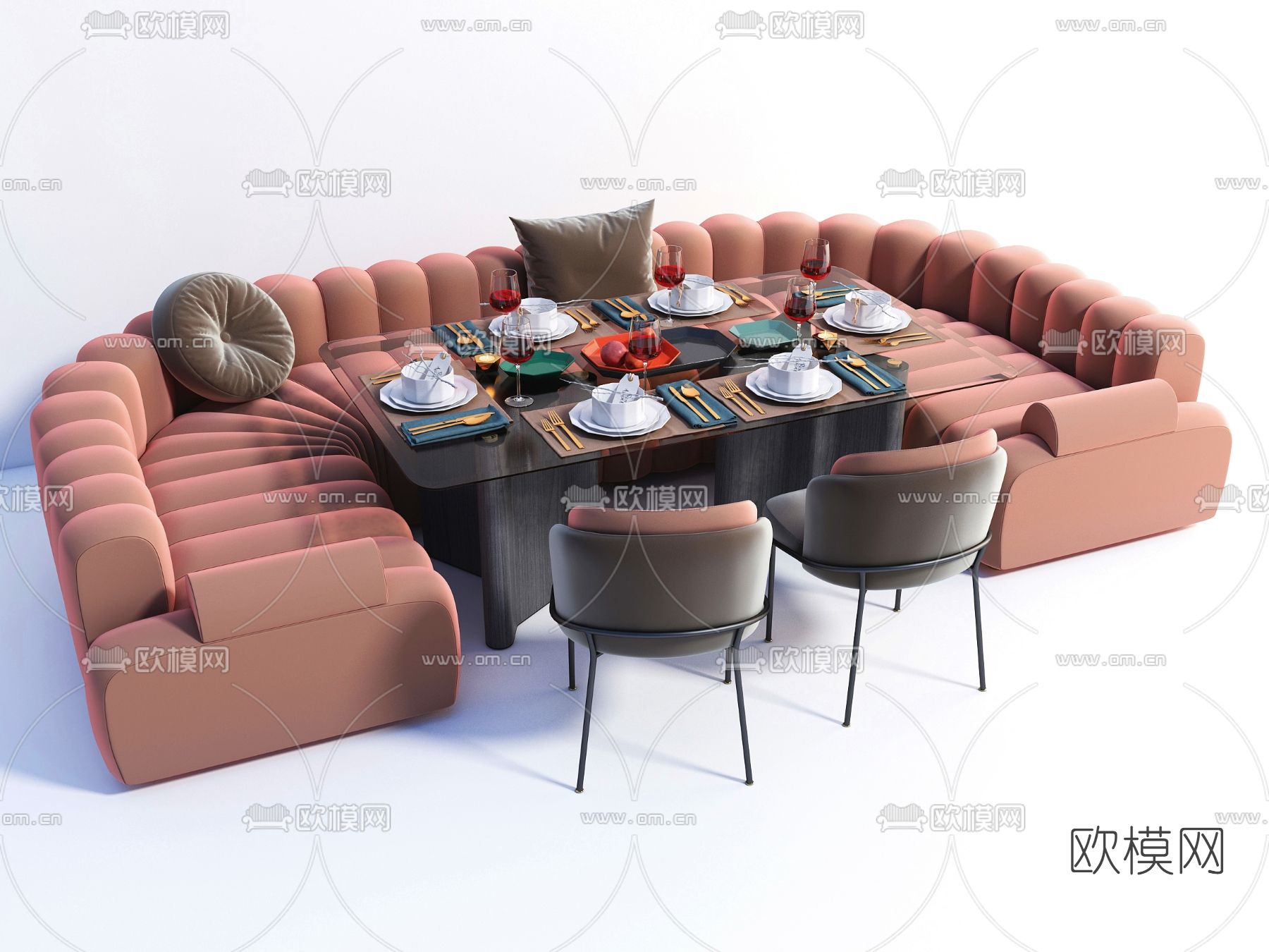 现代卡座沙发餐桌椅3d模型下载