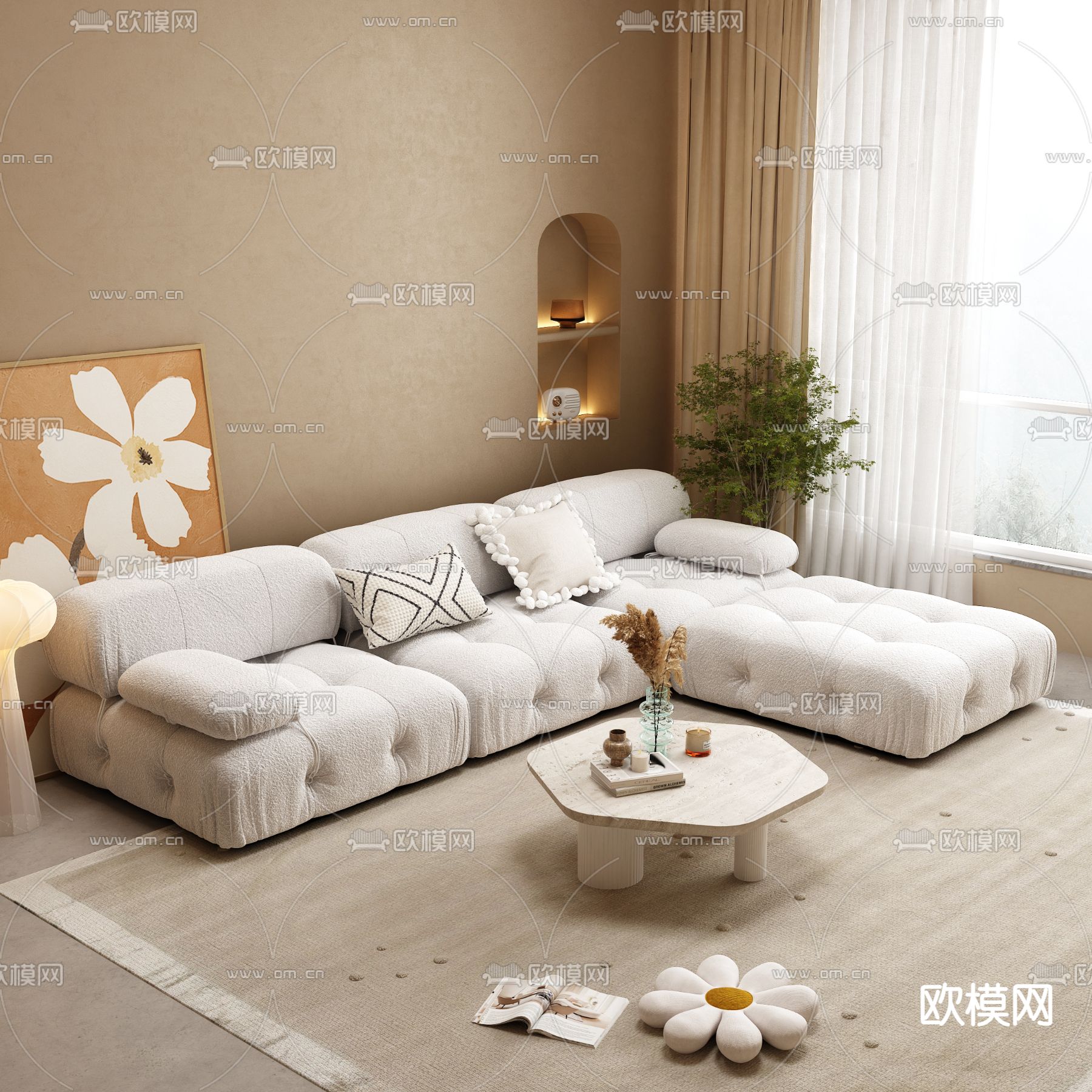 现代布艺拐角沙发组合3d模型-免费3dmax模型库-欧模网