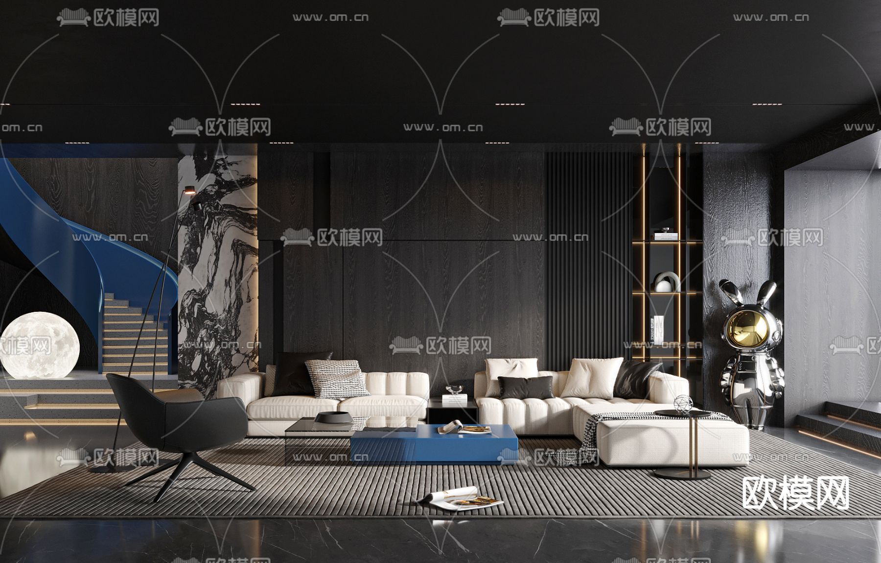 现代暗黑风客厅3d模型下载