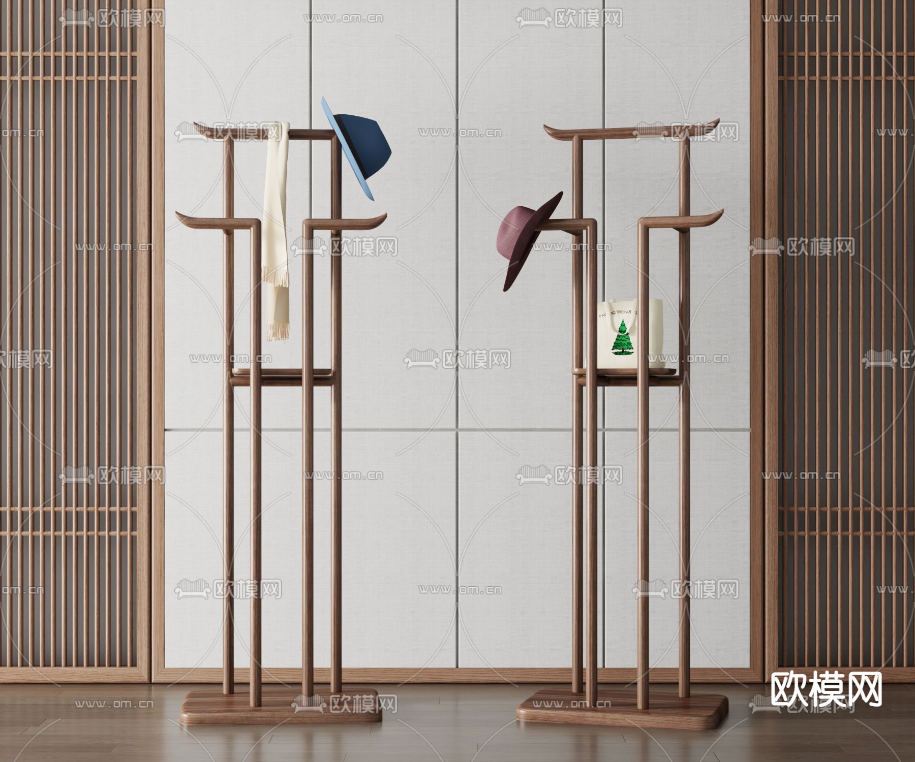 新中式实木衣帽架3d模型下载