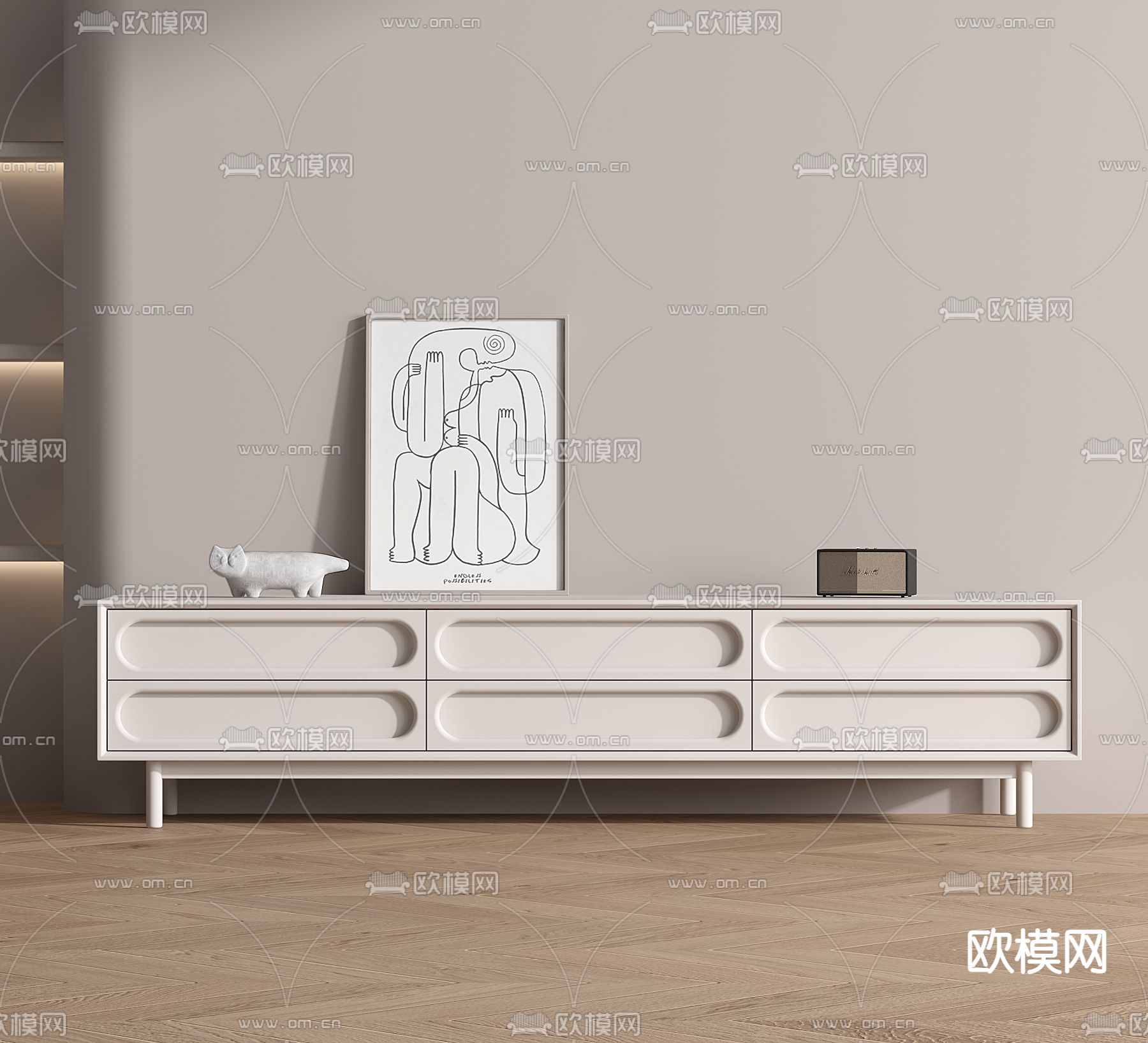 现代奶油白电视柜3d模型下载