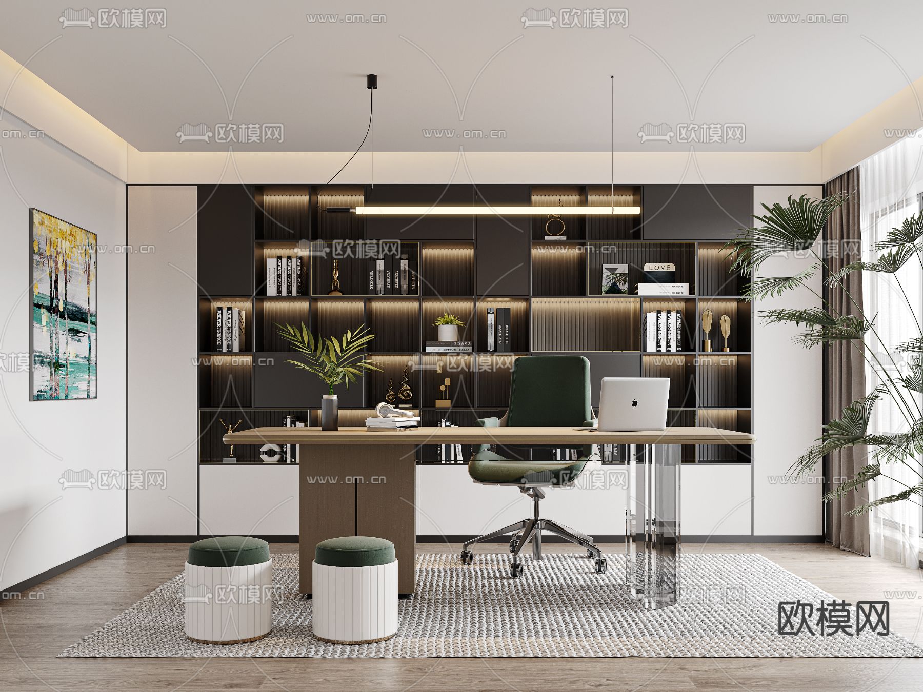 现代书房3d模型下载（渲染图1）