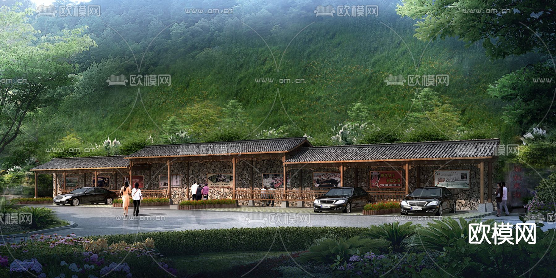 新中式公园长廊景观psd下载