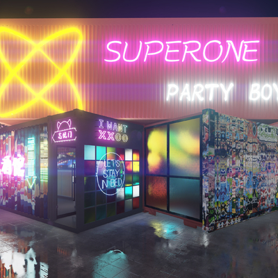  工业风集装箱酒吧su模型 