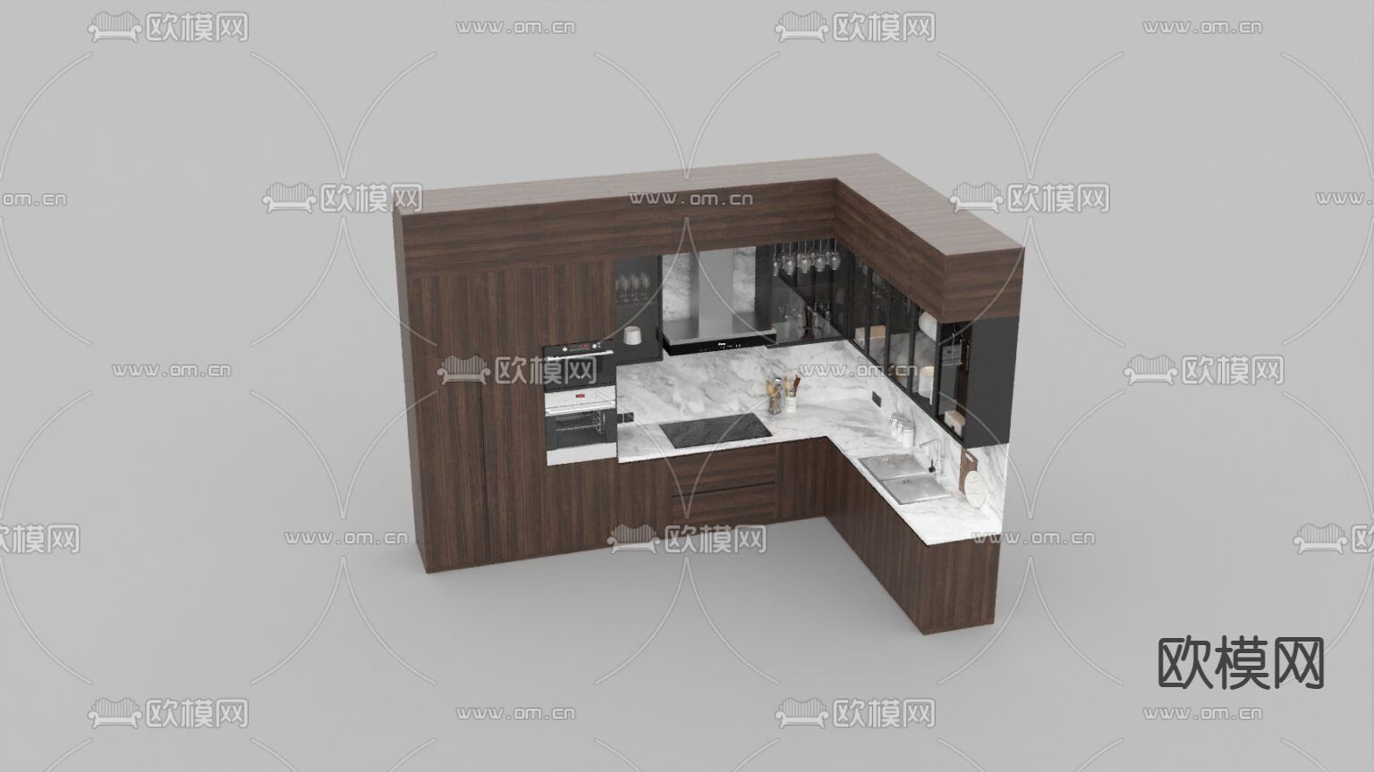 现代轻奢实木大理石转角橱柜免费3d模型下载