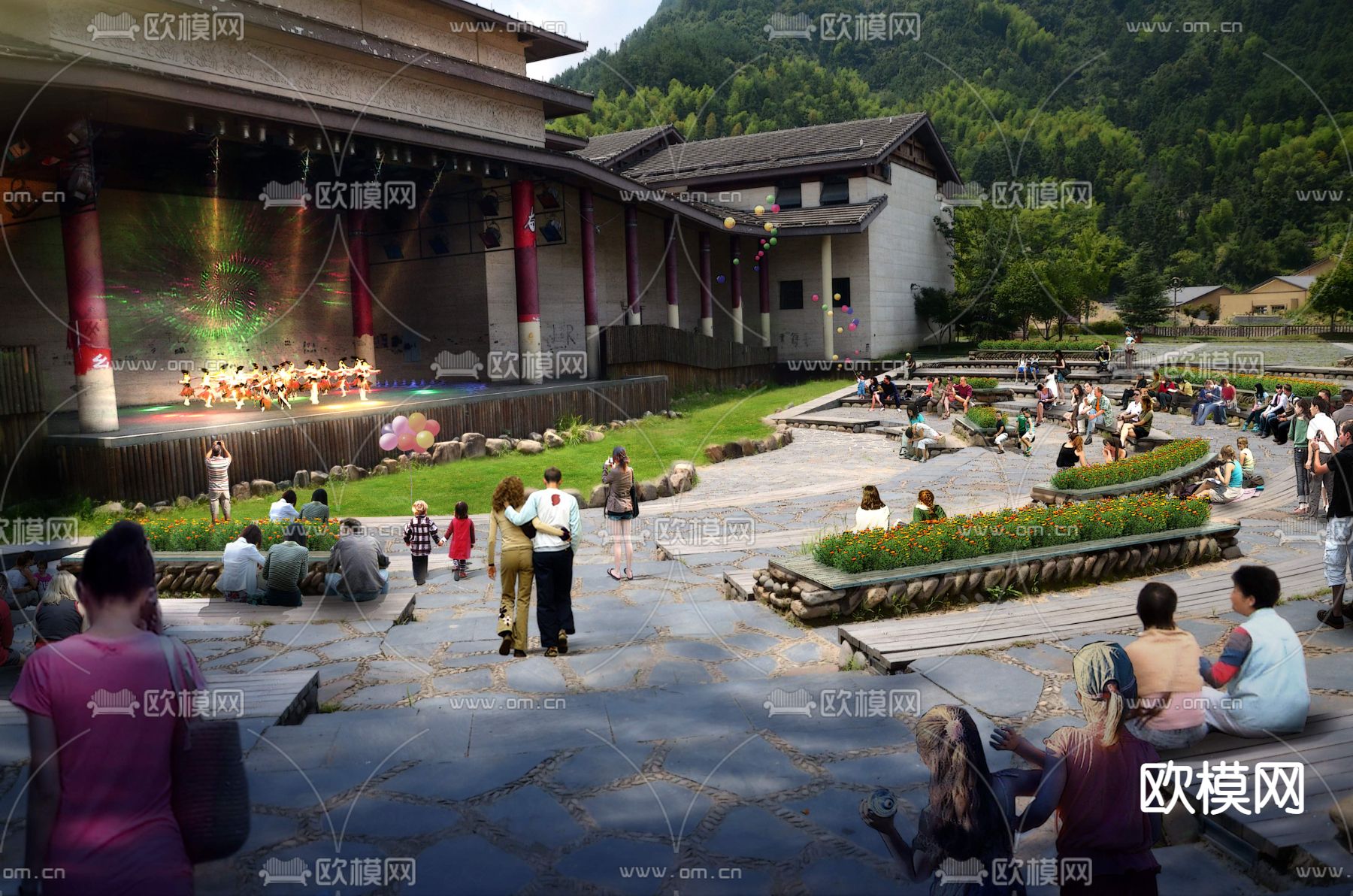 中式乡村舞台广场psd下载