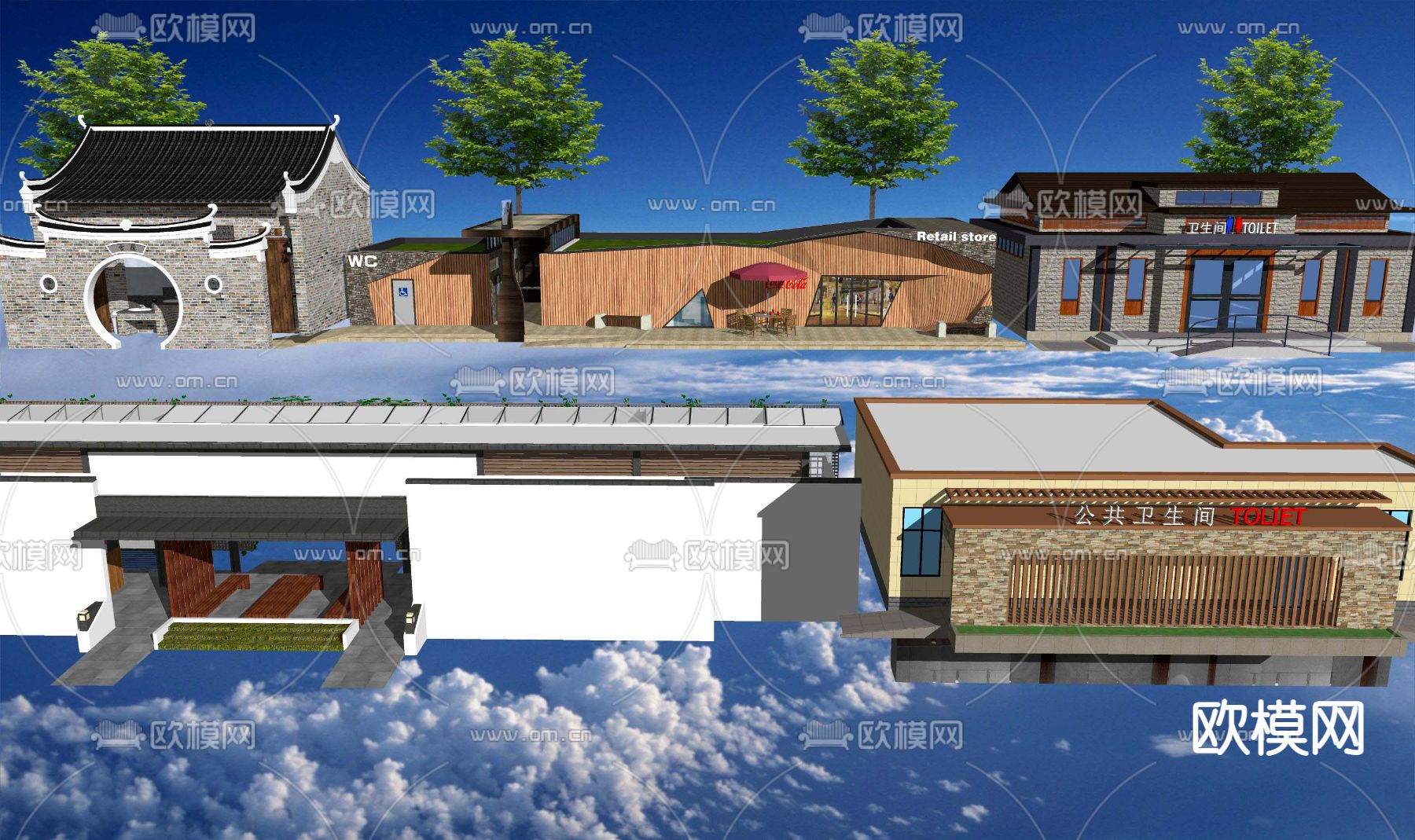 新中式公园公共厕所su模型下载