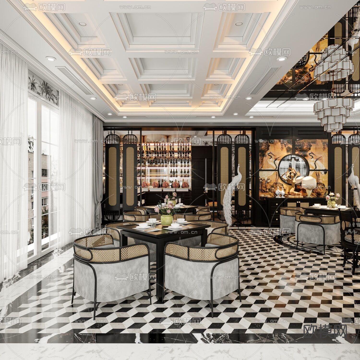 新古典创意餐厅免费3d模型下载（渲染图4）