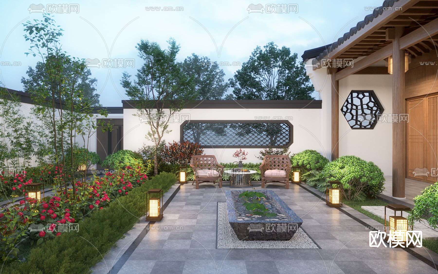 新中式花园庭院夜景3d模型下载_ID12129266_3dmax免费模型-欧模网