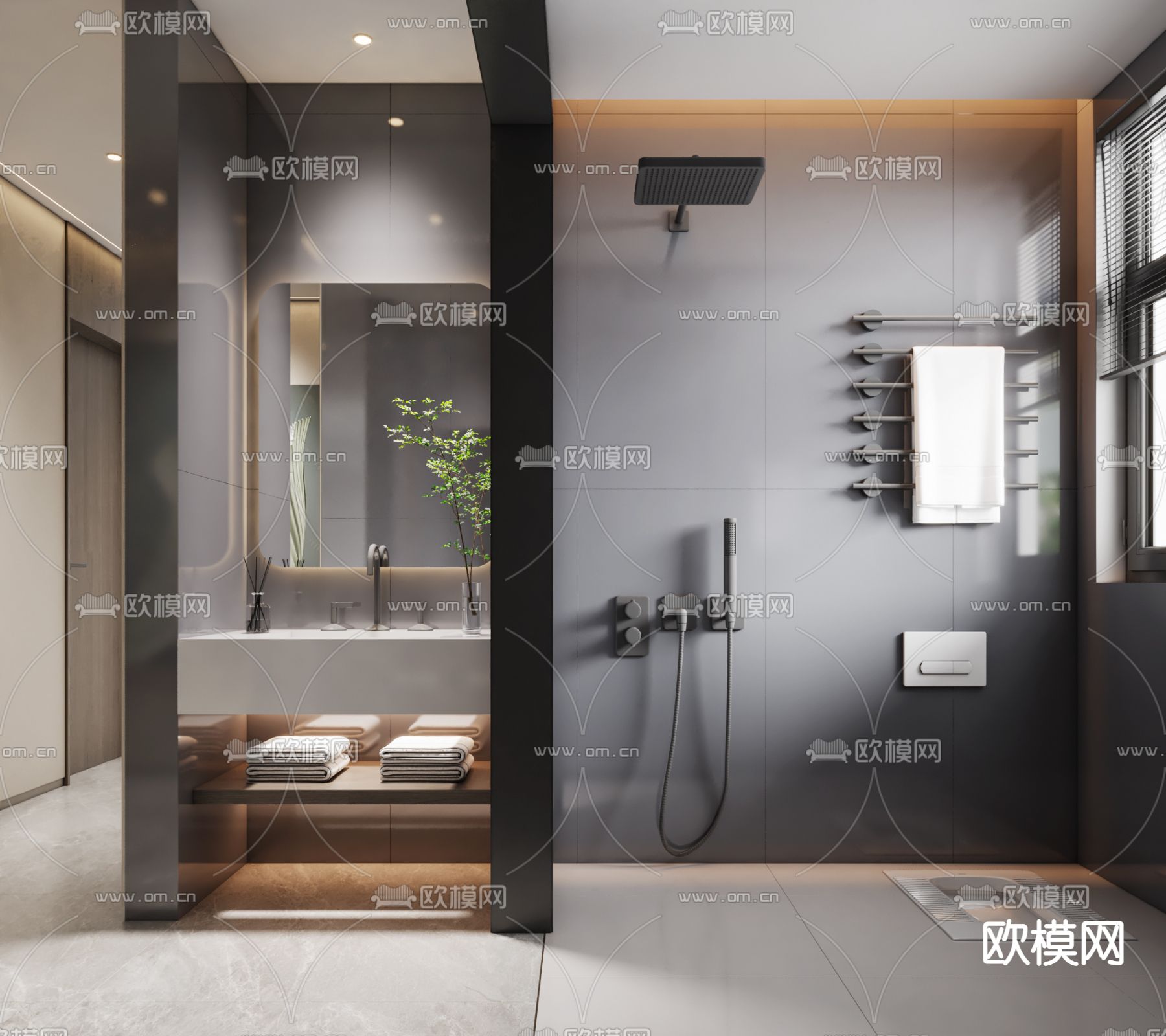 现代暗黑风卫生间3d模型下载（渲染图2）