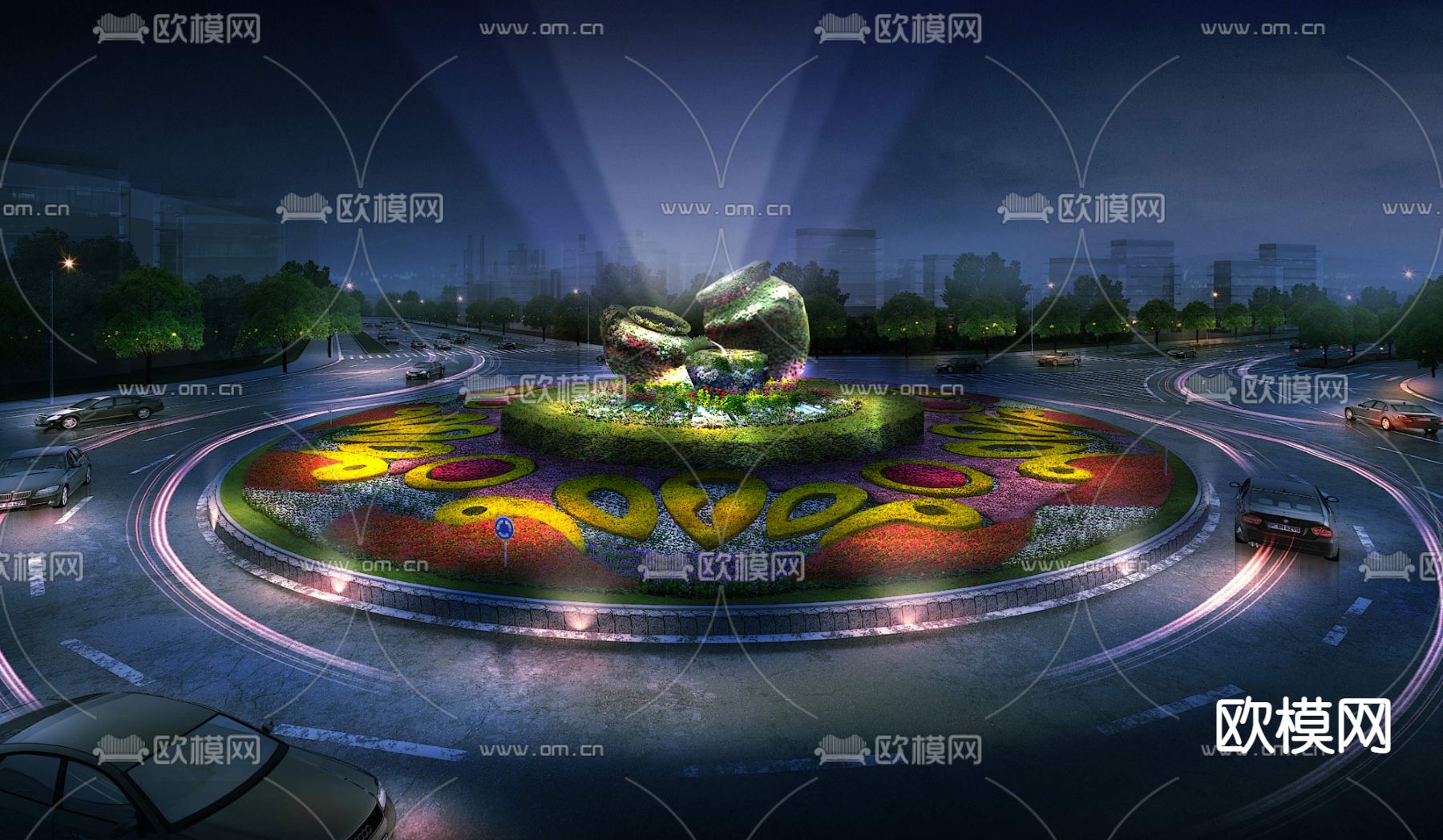 公路环形交叉路口夜景psd下载