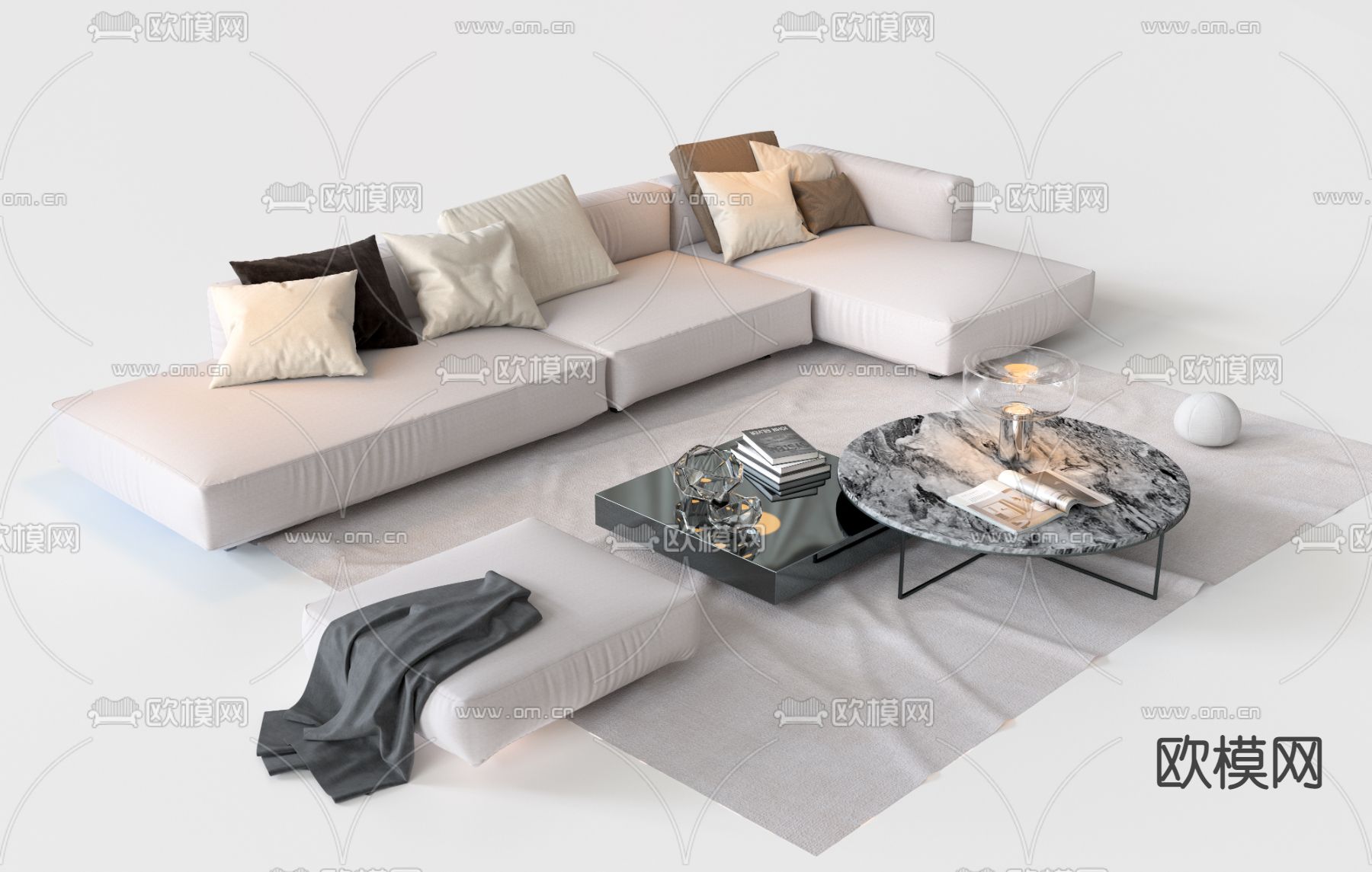 意大利 Poliform 白色转角组合沙发3d模型下载（渲染图1）