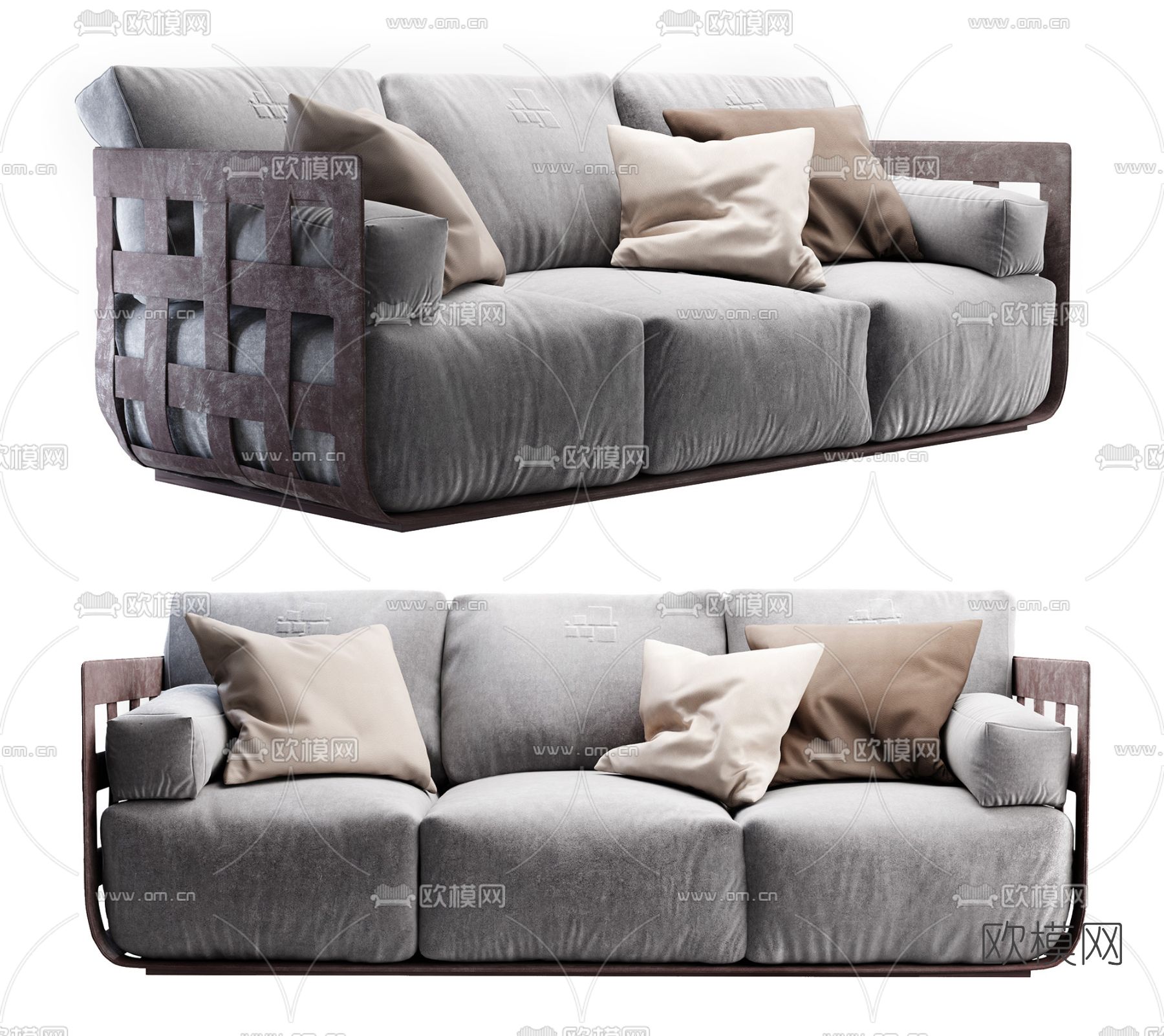 工业风灰色多人沙发  三人沙发3d模型下载（渲染图1）