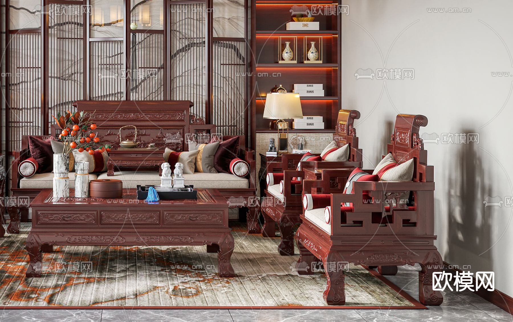 中式客厅3d模型下载（渲染图2）