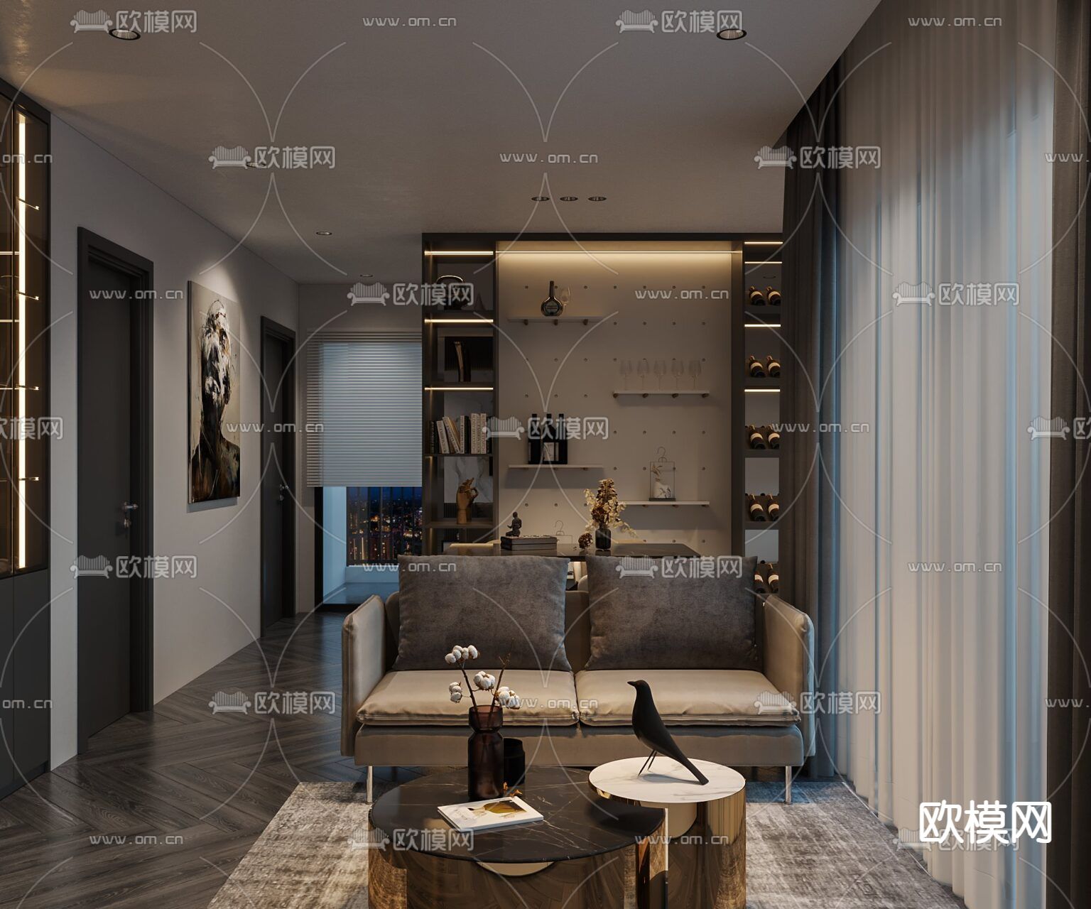 现代轻奢公寓免费3d模型下载（渲染图1）