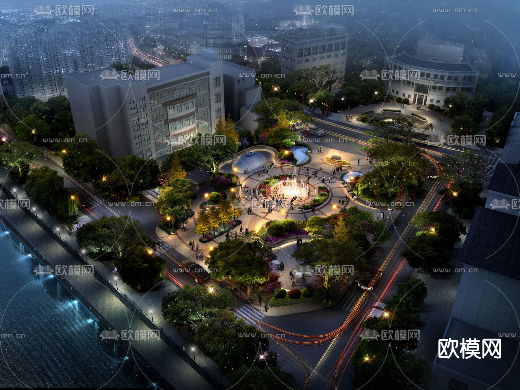 现代公园景观夜景鸟瞰psd下载