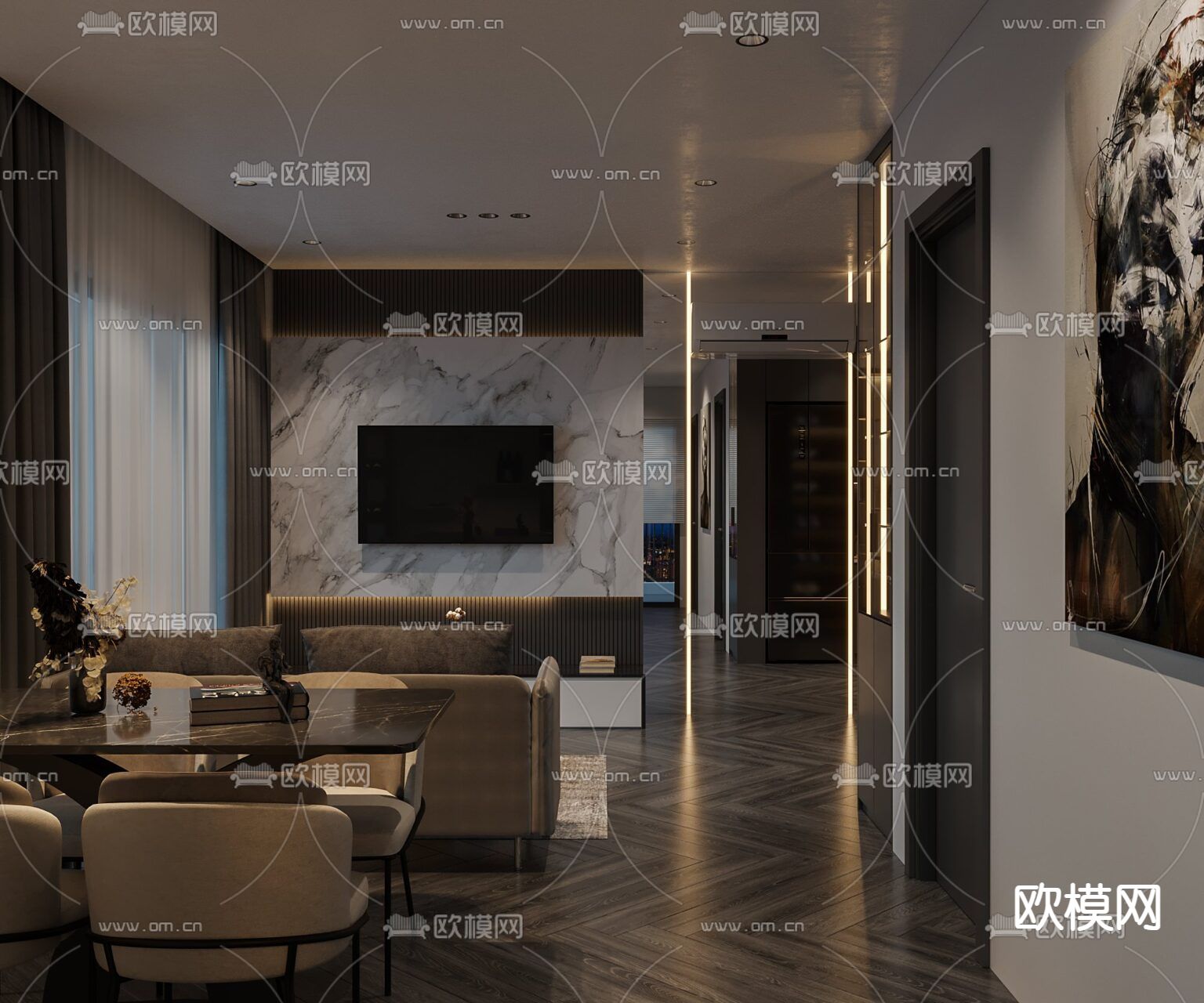 现代轻奢公寓免费3d模型下载（渲染图8）