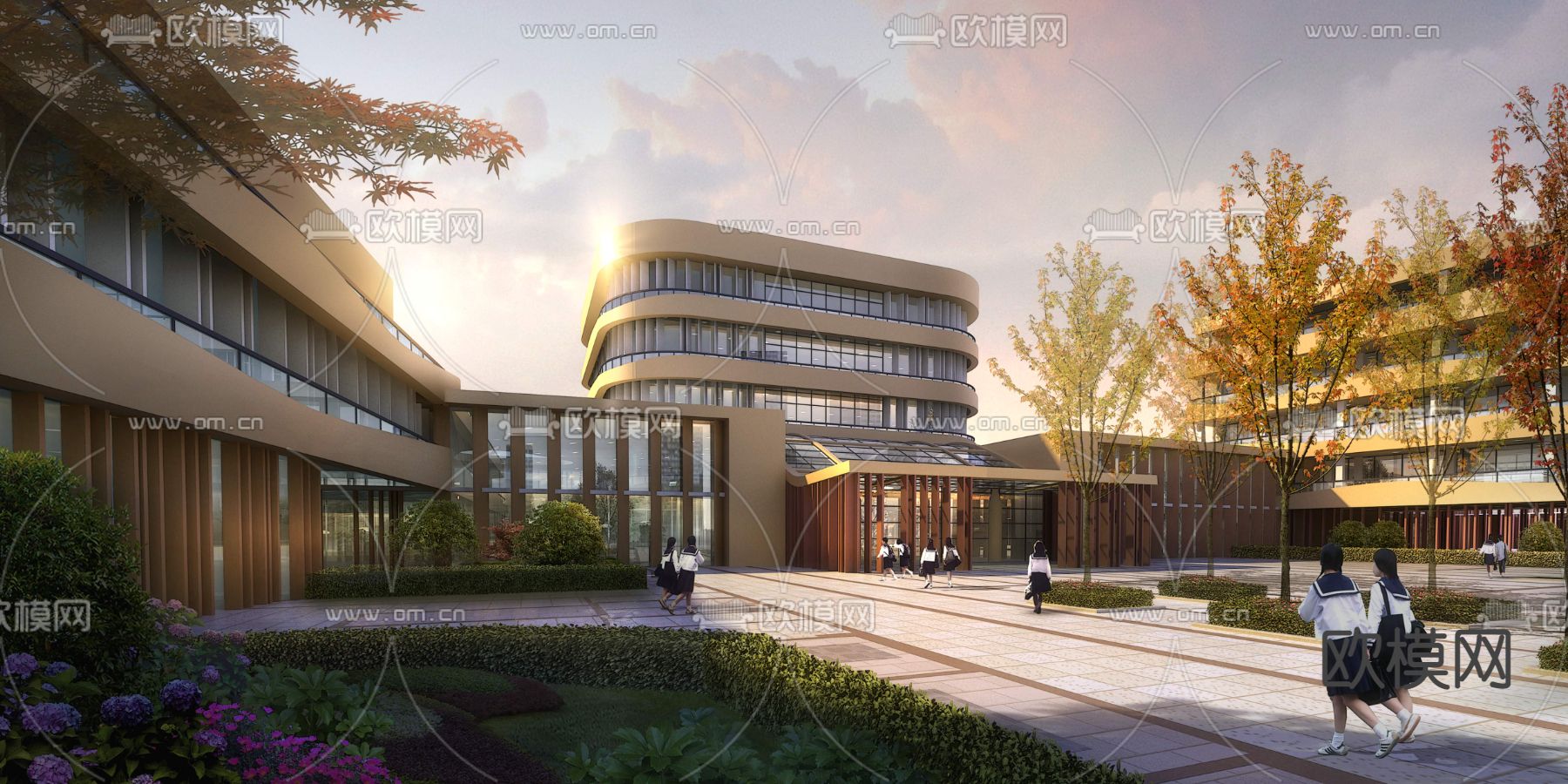 现代学校教学楼黄昏psd下载_ID12125366_3dmax免费模型-欧模网