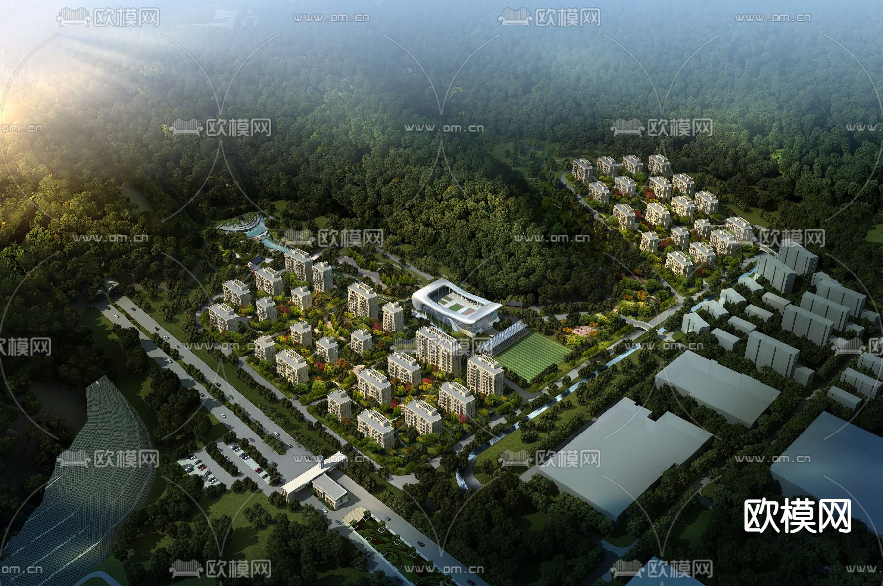 现代山体洋房住宅区鸟瞰psd下载