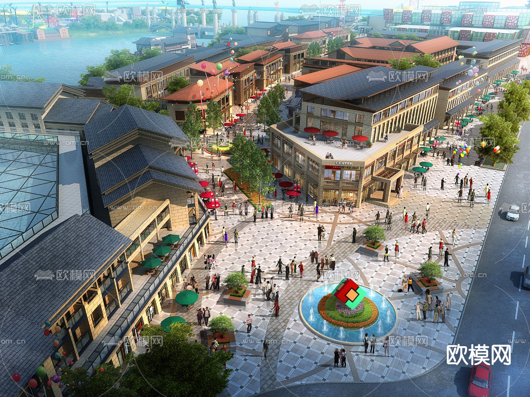 简欧商业街鸟瞰psd下载