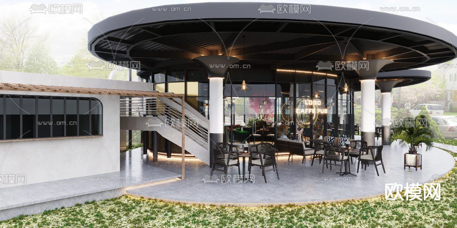 现代轻奢创意咖啡厅免费3d模型下载（渲染图1）