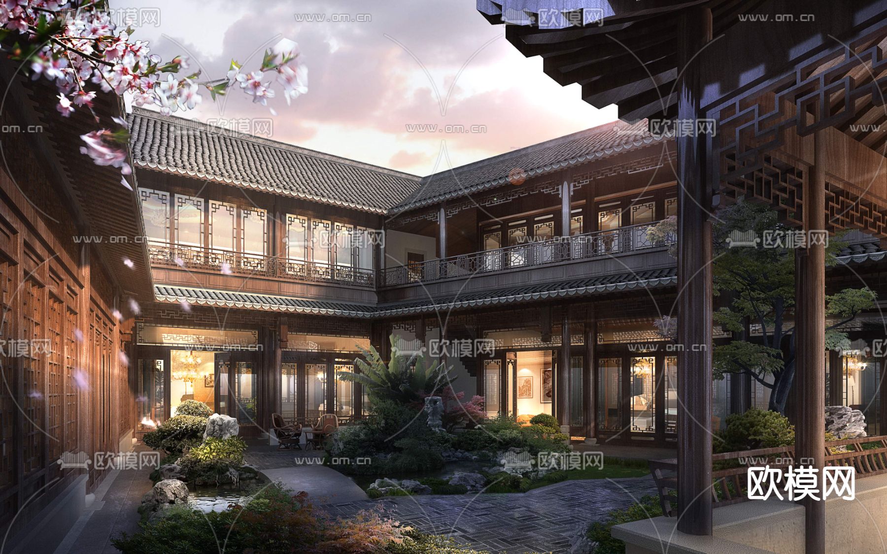 中式古建筑中庭psd下载_ID12126949_3dmax免费模型-欧模网