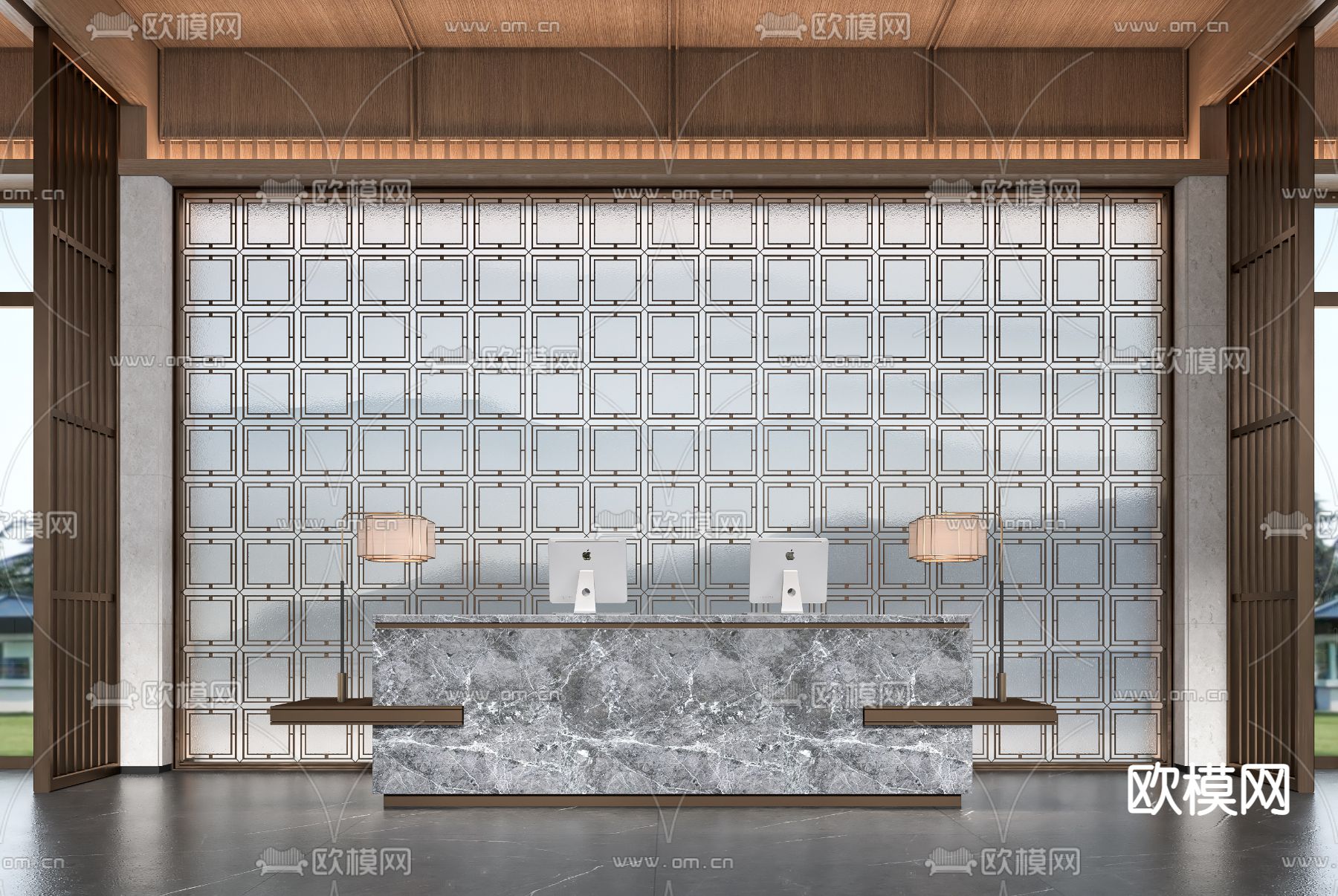 新中式会所接待台 前台3d模型下载（渲染图1）