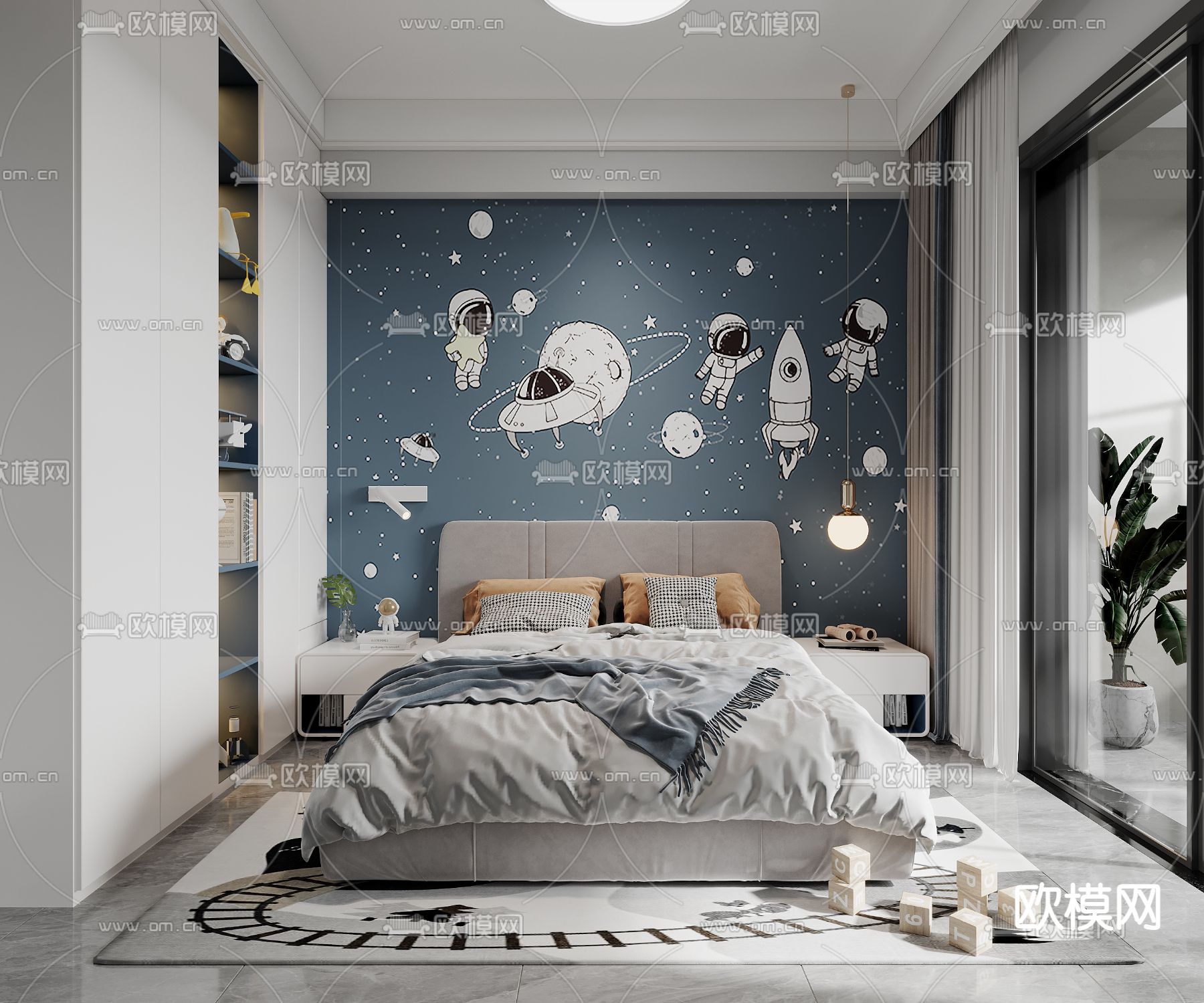 北欧风男孩房 儿童房3d模型下载（渲染图1）