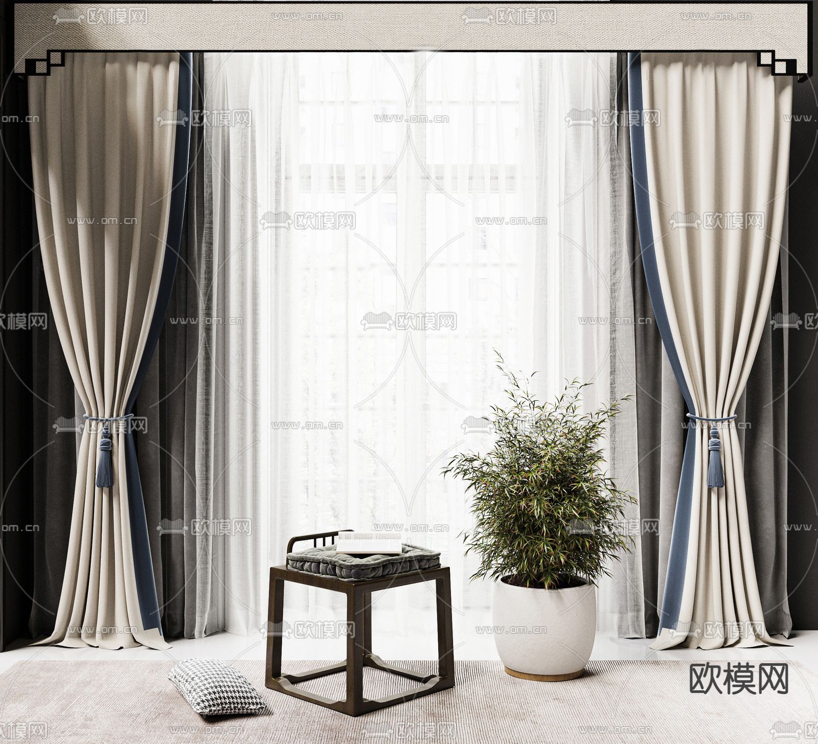 新中式窗帘su模型下载（渲染图1）
