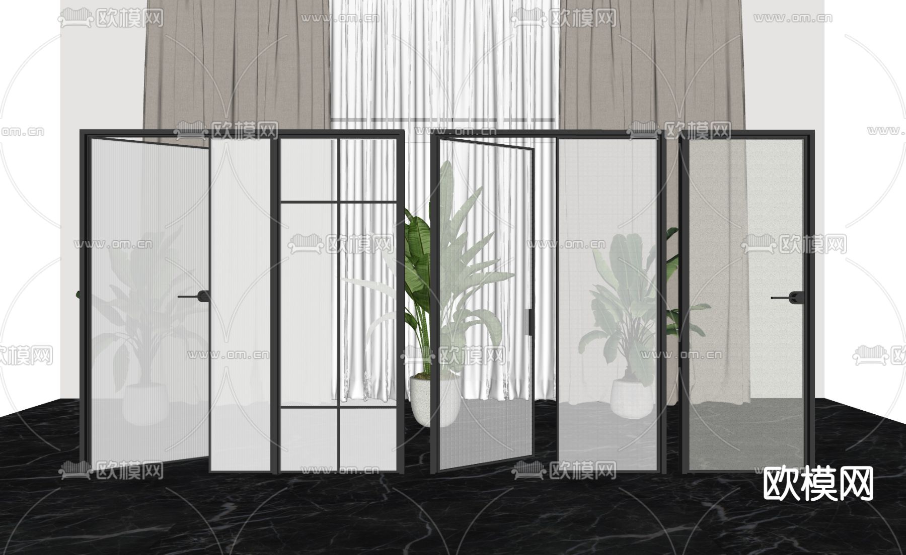 现代玻璃推拉门su模型下载（渲染图2）