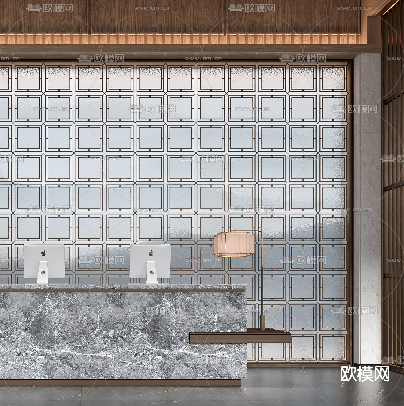 新中式会所接待台 前台3d模型下载（渲染图2）