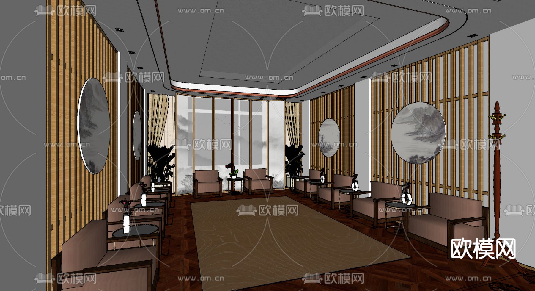 新中式贵宾接待室su模型下载（渲染图2）