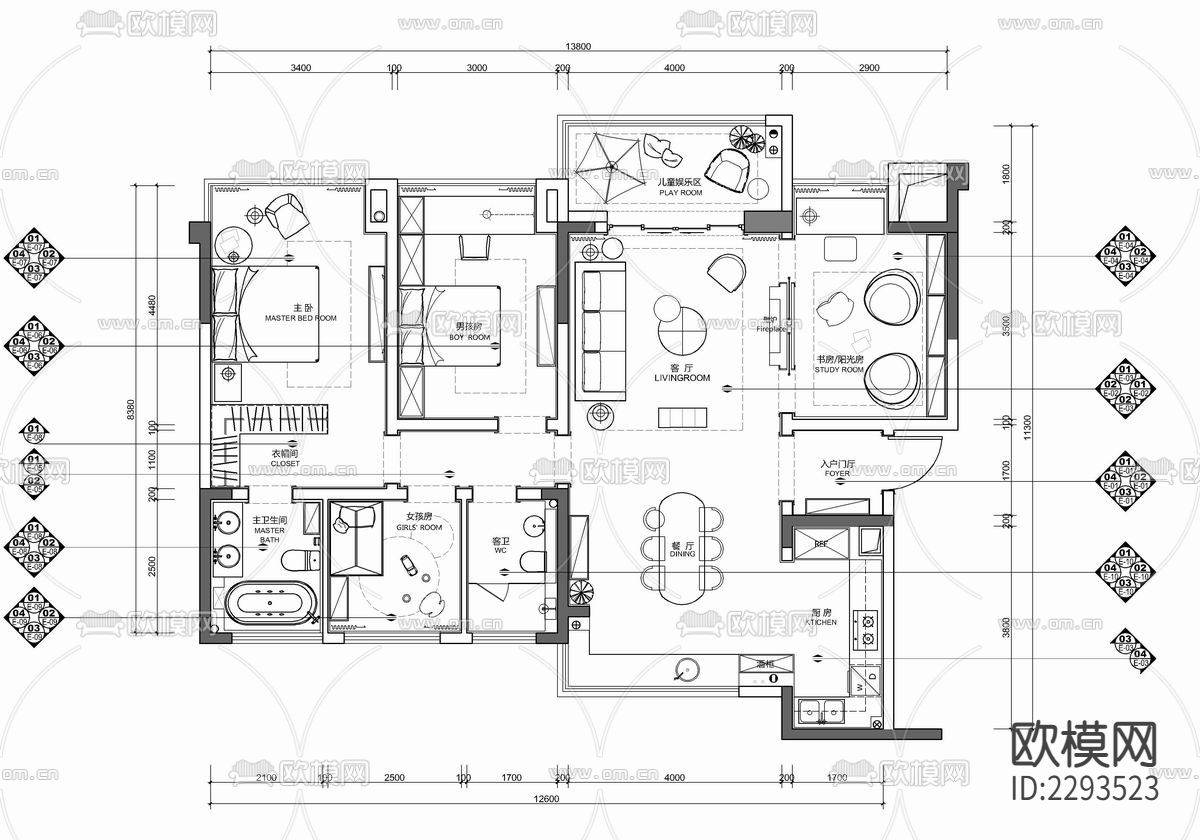 135㎡四居室样板房整装cad施工图下载（渲染图2）