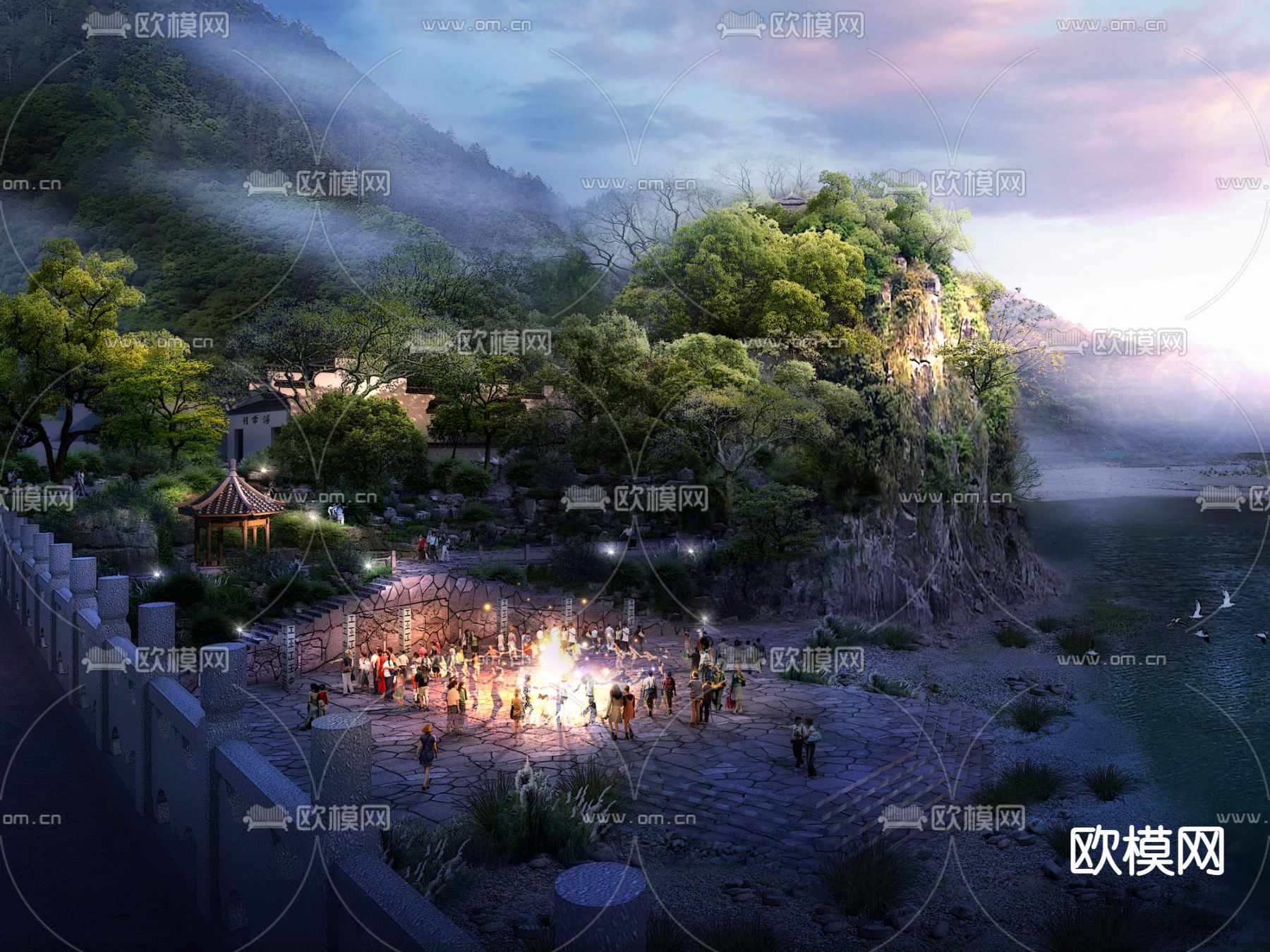 篝火夜景鸟瞰美丽乡村psd下载