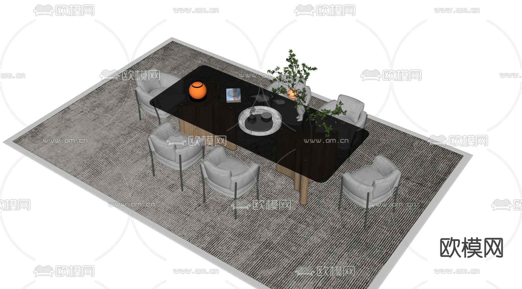 现代餐桌椅组合su模型下载（渲染图2）