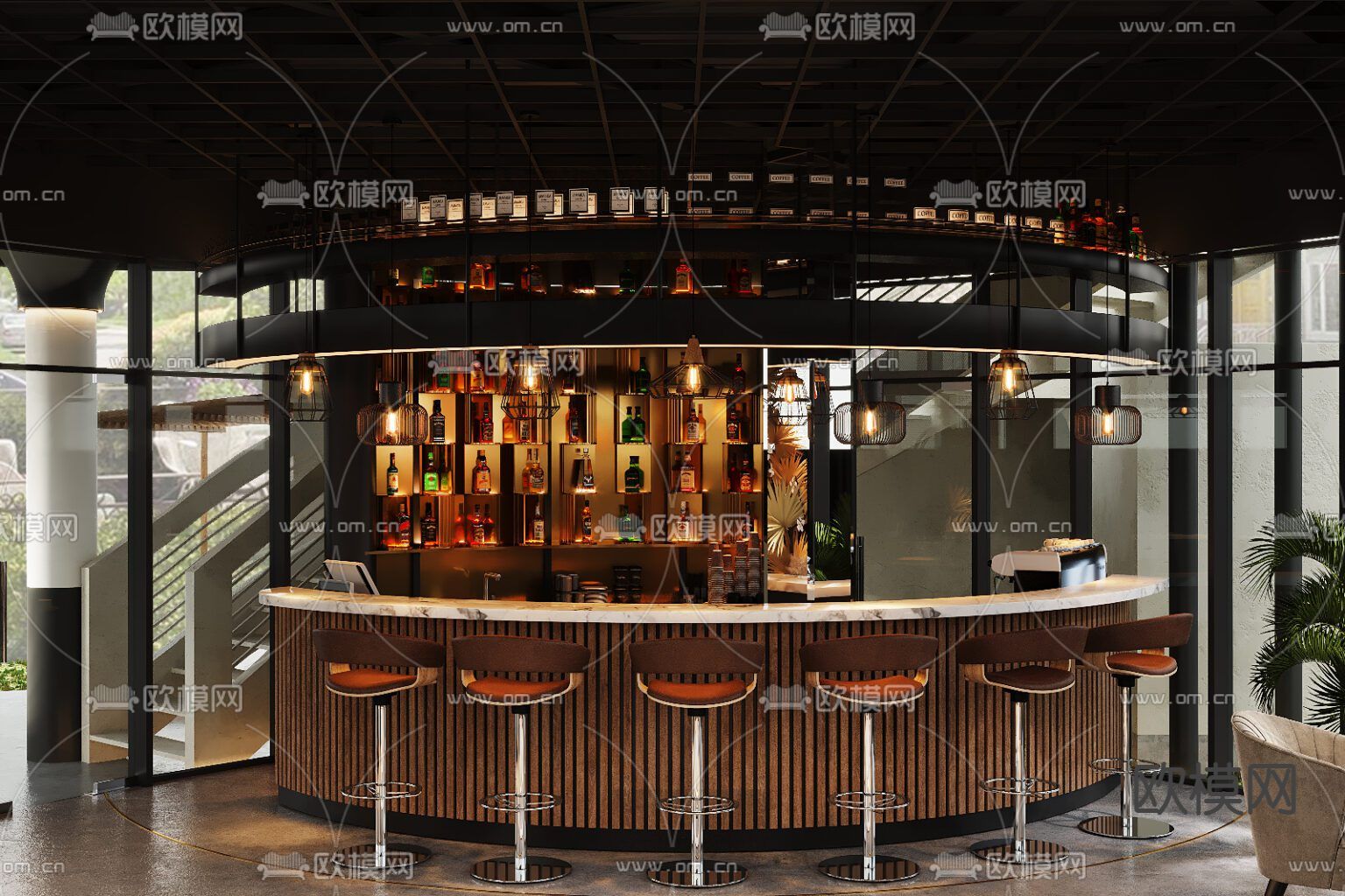 现代轻奢创意咖啡厅免费3d模型下载（渲染图2）