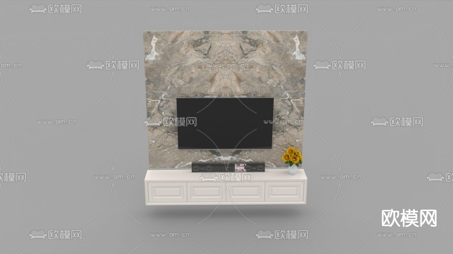 简欧实木电视柜大理石背景墙免费3d模型下载