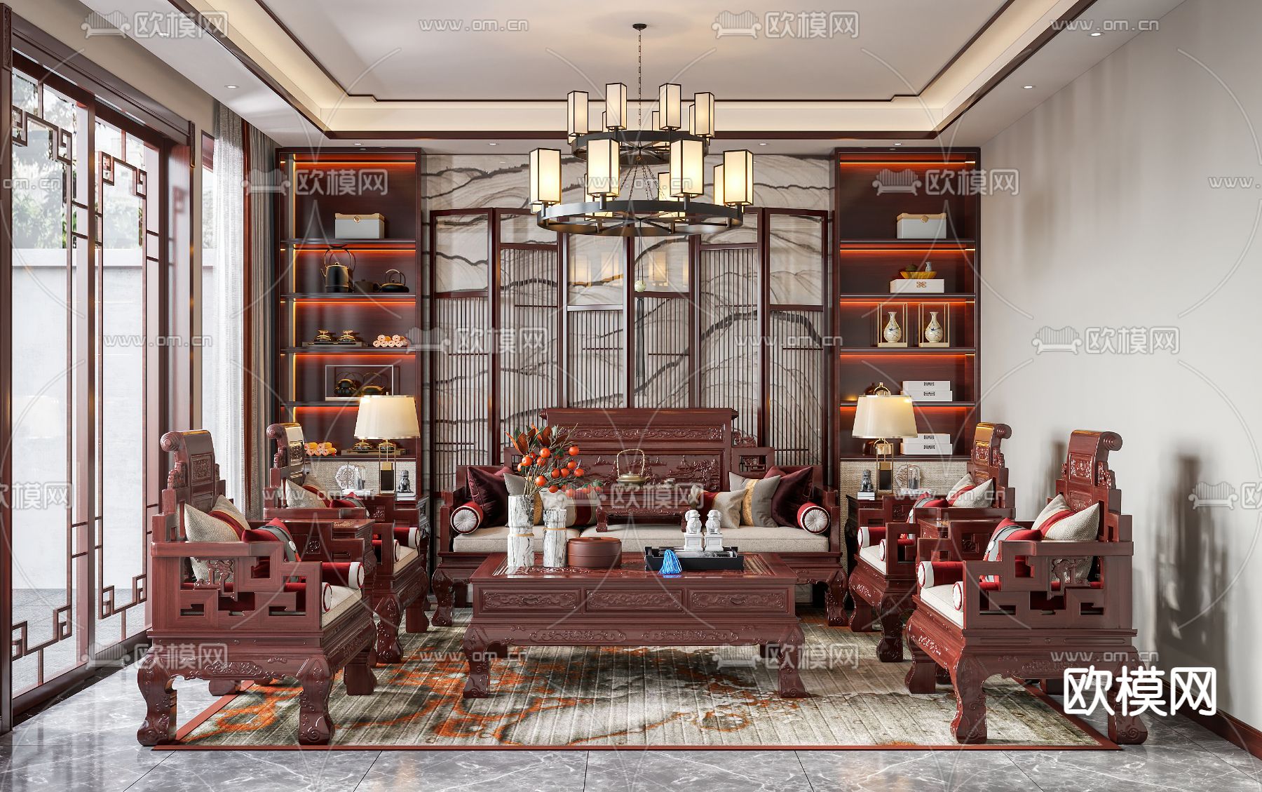 中式客厅3d模型下载（渲染图1）