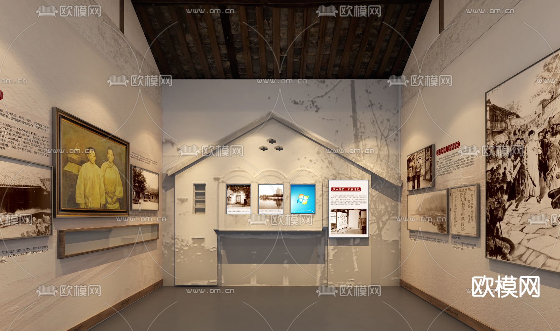 新中式文化展厅3d模型下载（渲染图1）