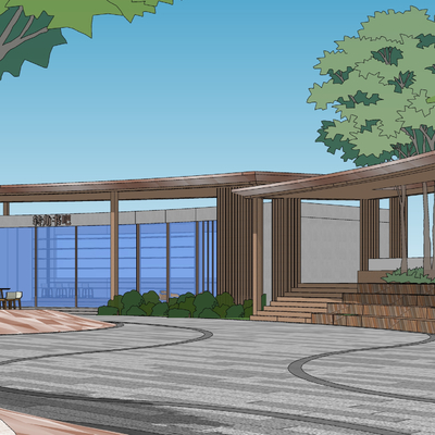  现代书吧台阶亭子廊架su模型 