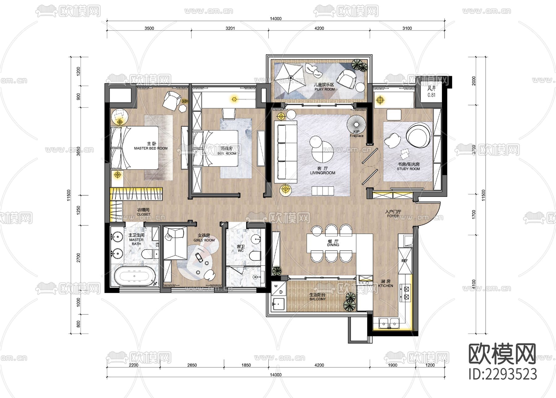135㎡四居室样板房整装cad施工图下载（渲染图1）