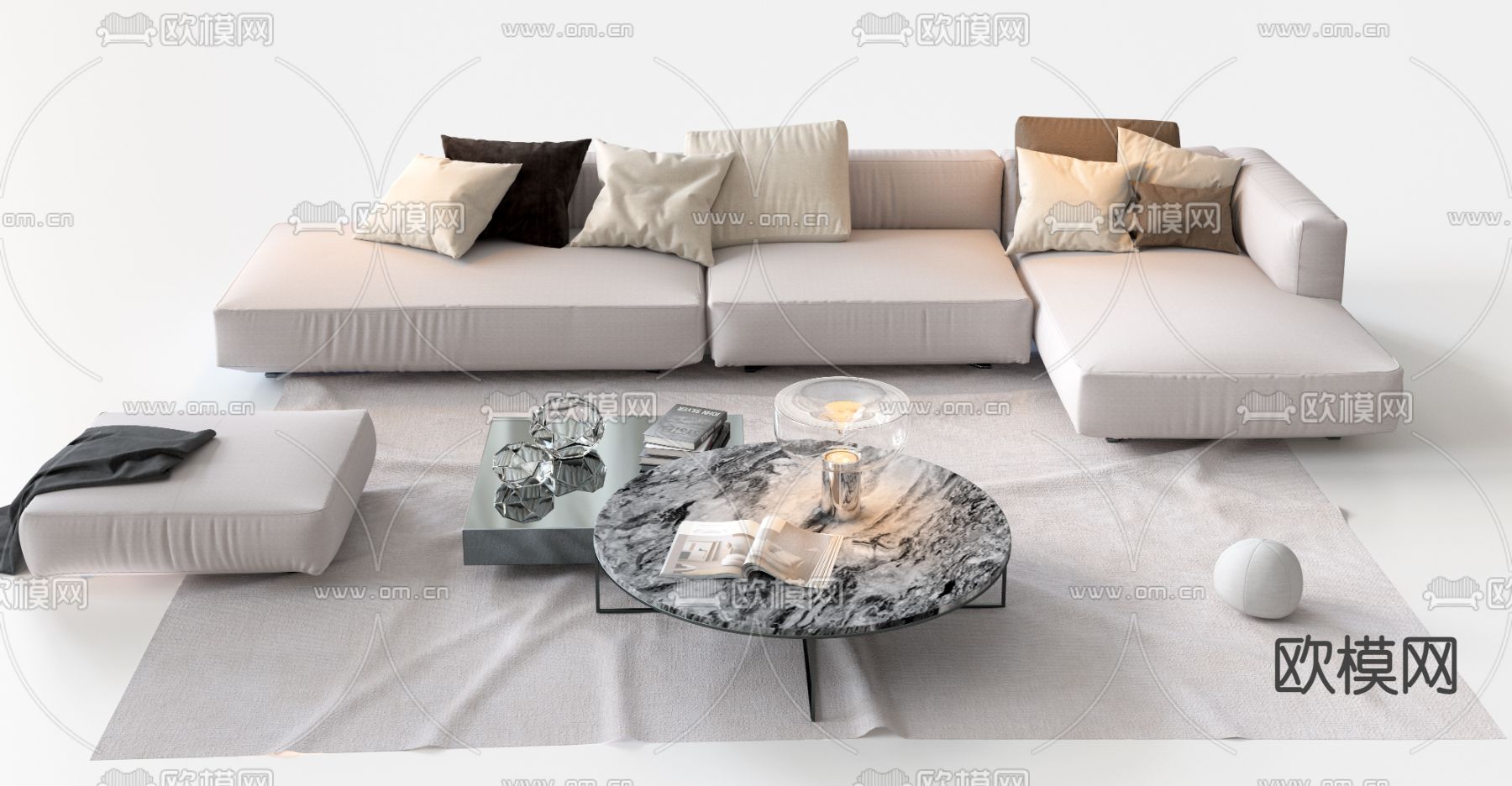 意大利 Poliform 白色转角组合沙发3d模型下载（渲染图2）