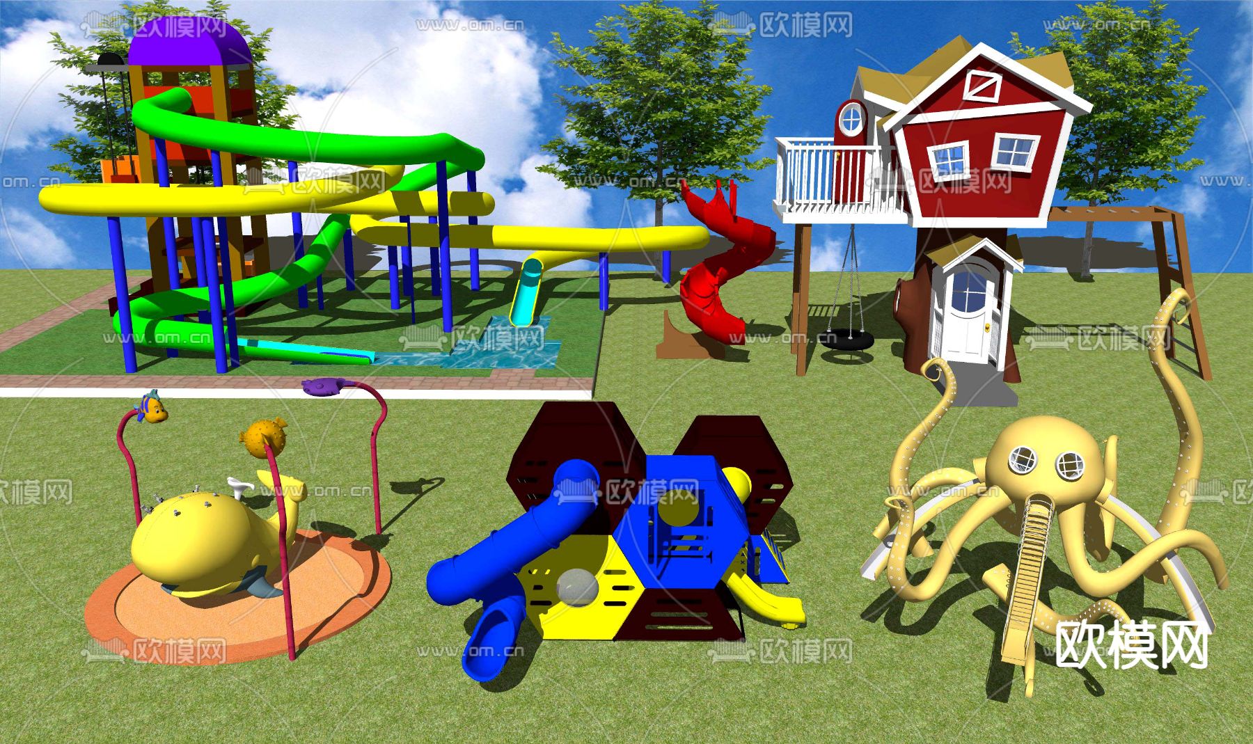 现代儿童乐园游乐设施su模型下载