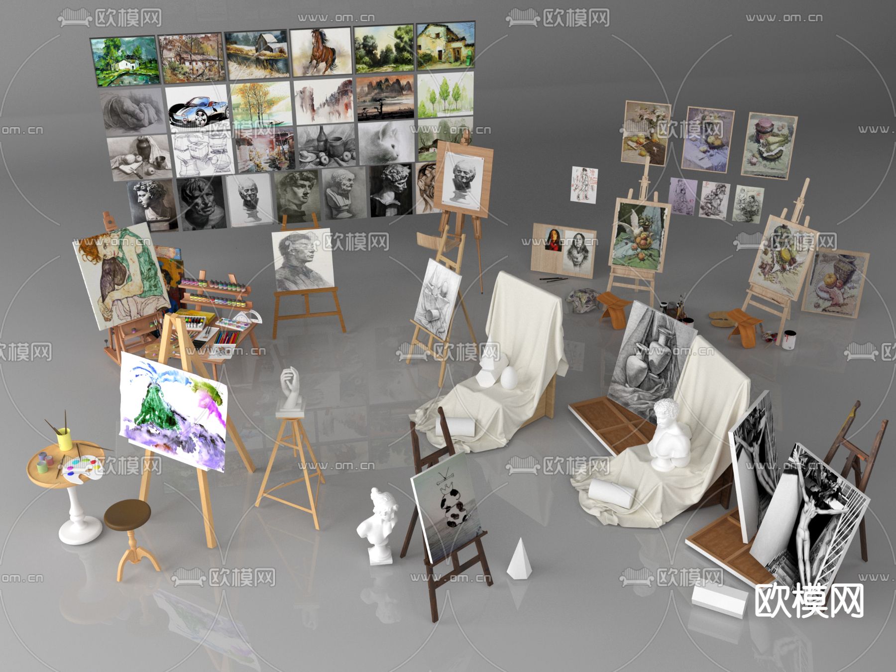 画架 石膏像 美术用品3d模型下载