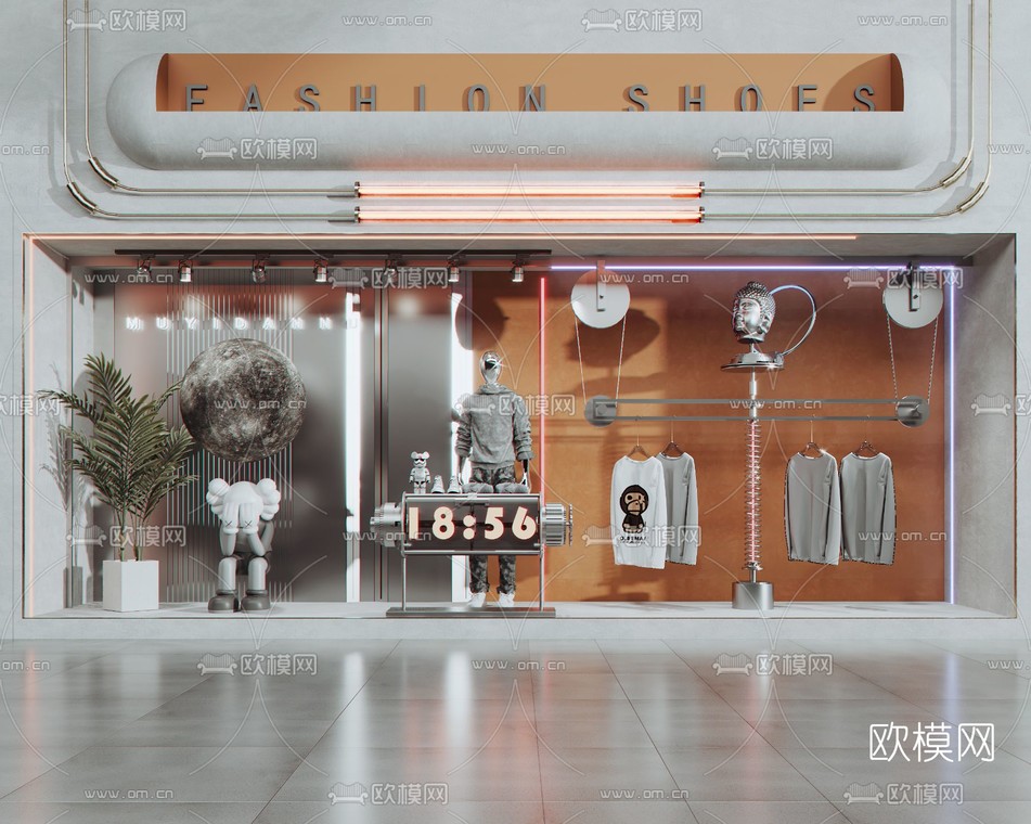 工业风潮牌服装店门头门面3d模型下载_ID12126056_3dmax免费模型-欧模网