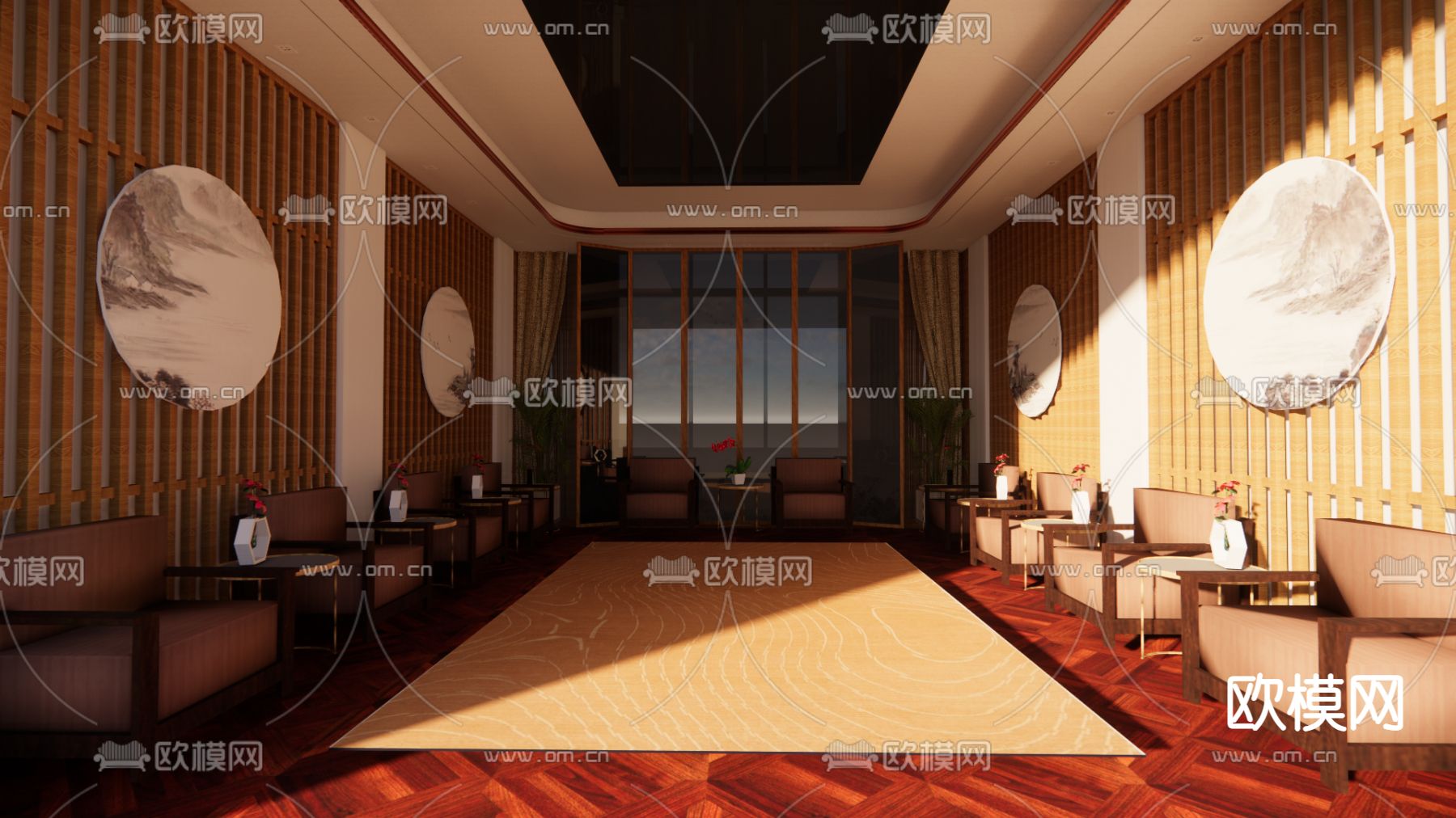 新中式贵宾接待室su模型下载（渲染图1）