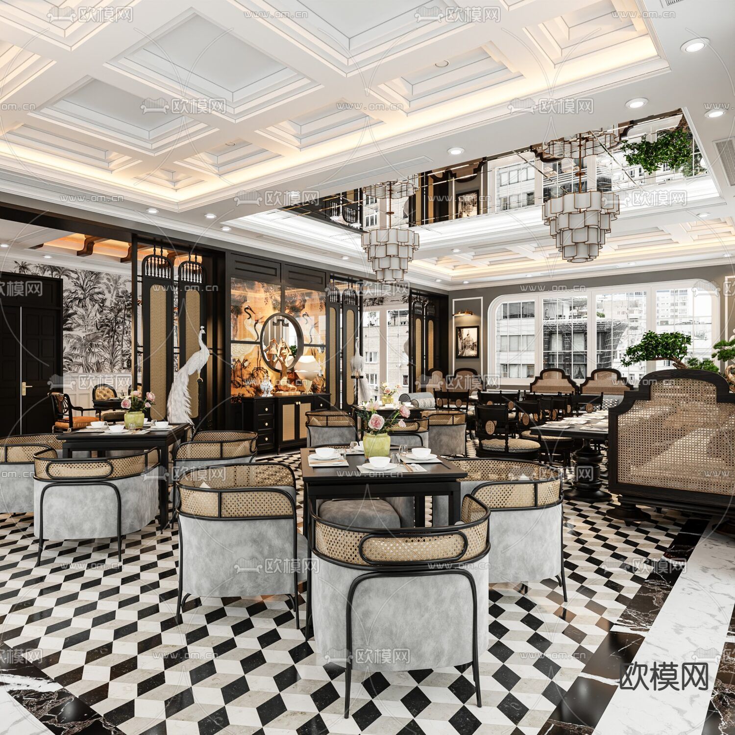 新古典创意餐厅免费3d模型下载（渲染图1）