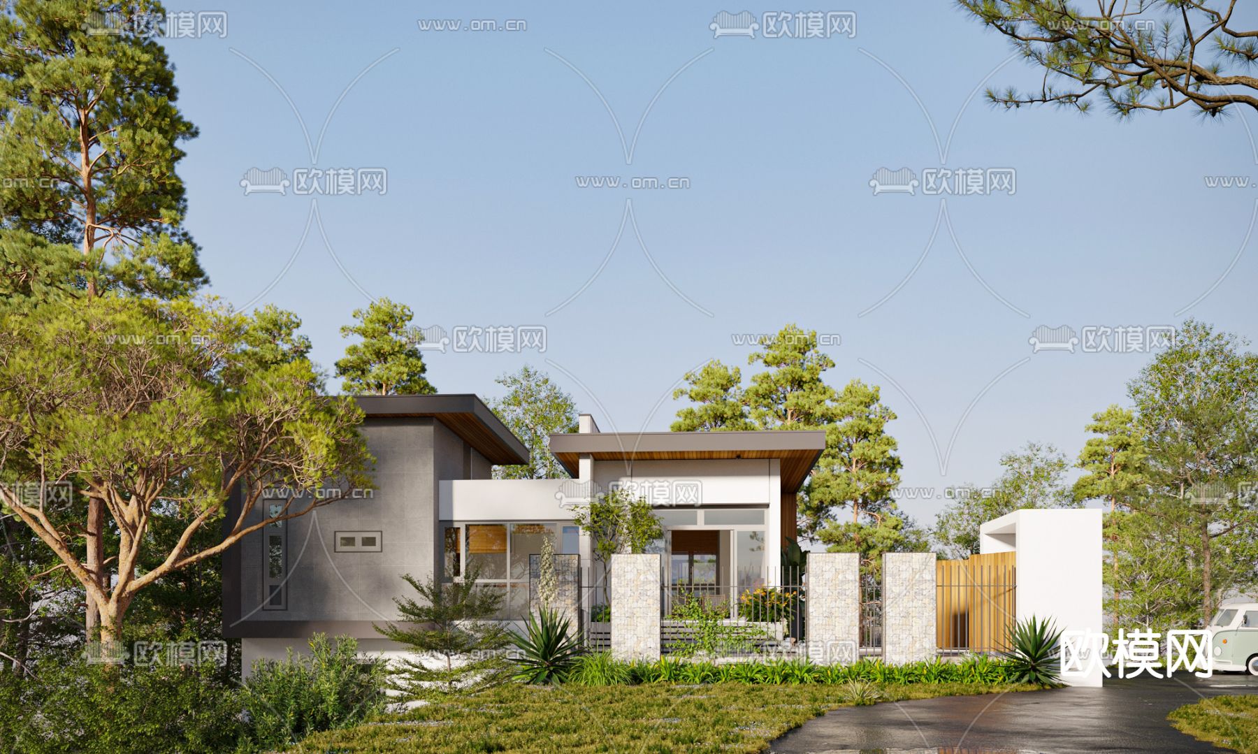 现代独栋别墅建筑外观3d模型下载（渲染图1）